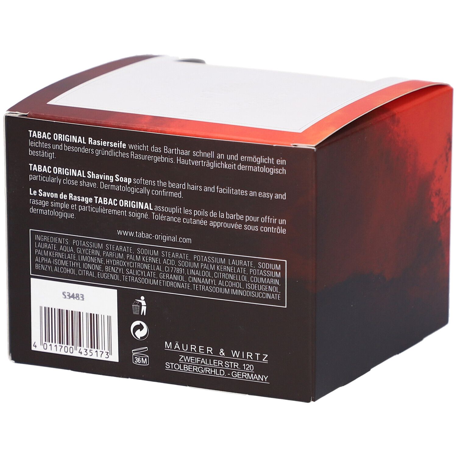 Dos de l'emballage. Texte : ingrédients, "TABAC ORIGINAL Shaving Soap", adresse du fabricant, code-barres.