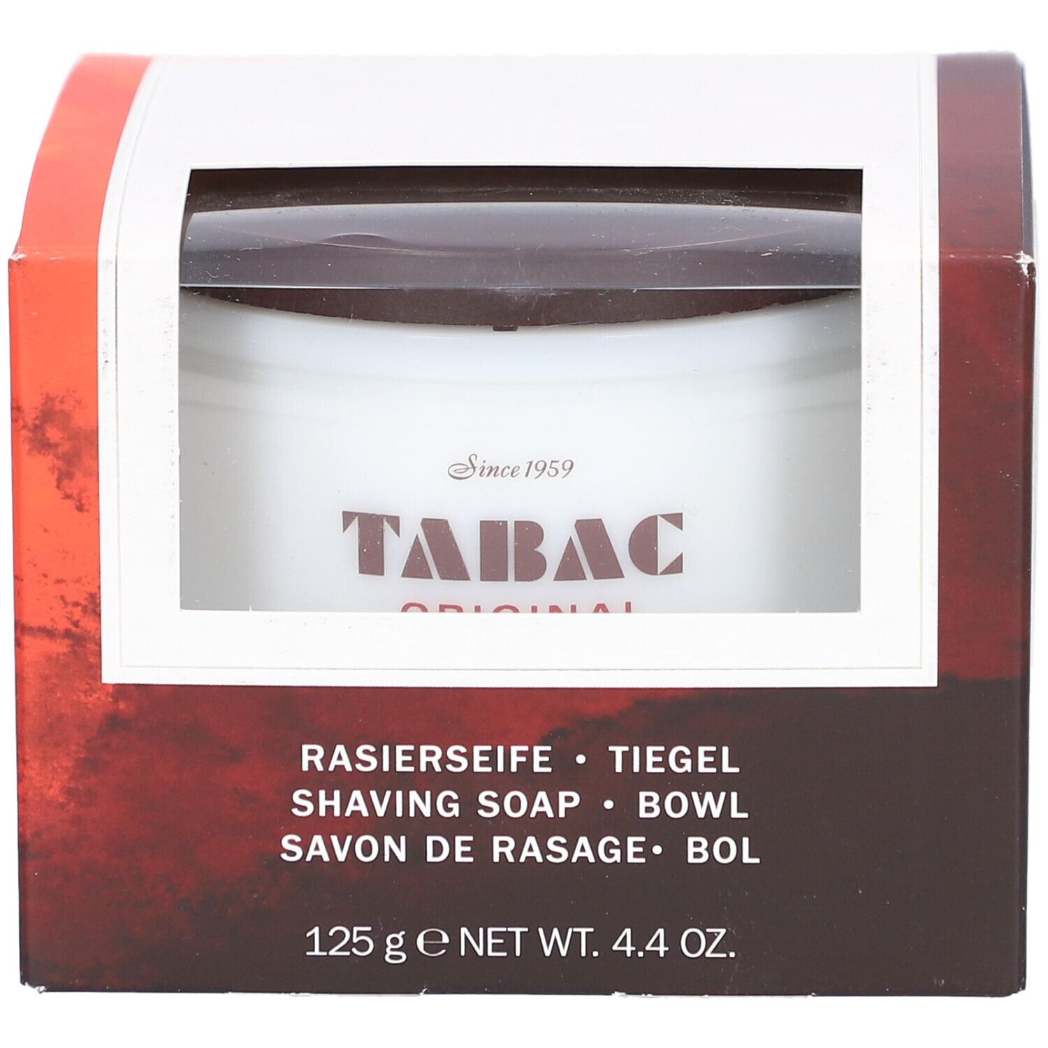 Emballage de savon à raser. Visible : pot avec logo "TABAC ORIGINAL". Texte : "SAVON DE RASAGE", "125 g".
