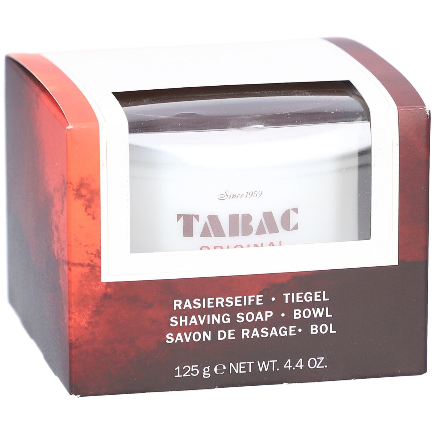 Emballage de savon à raser. Visible : pot avec logo "TABAC ORIGINAL". Texte : "SAVON DE RASAGE", "125 g".