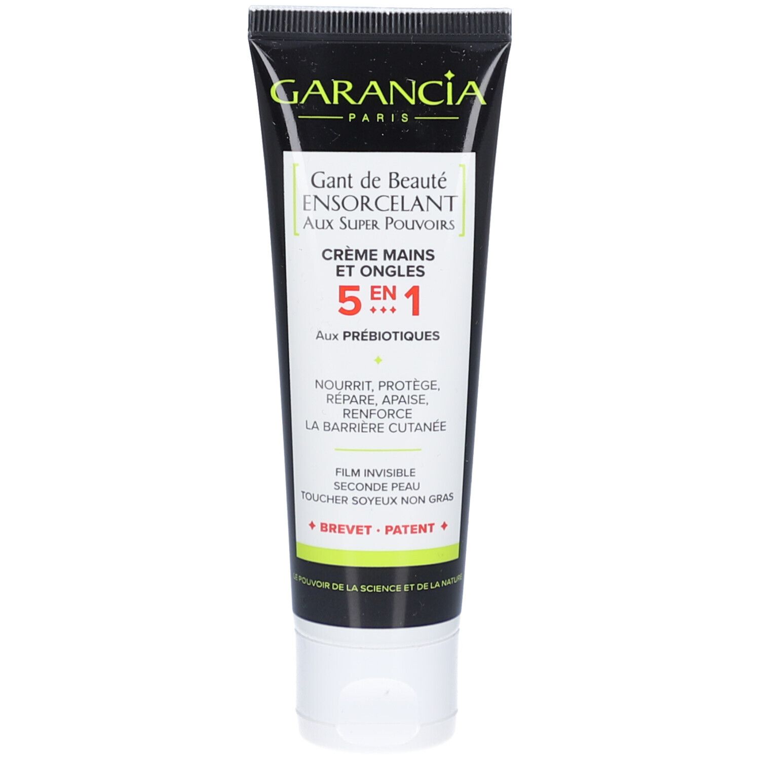 Tube noir, bouchon blanc. Texte: GARANCIA, Gant de Beauté, Crème Mains et Ongles 5en1. Vert: Brevet + Patent.