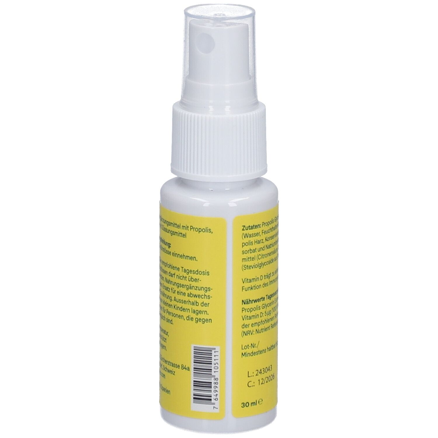 HEYBEE Propolis Immun-Spray. Flacon pulvérisateur blanc avec étiquette jaune. Texte et ingrédients.