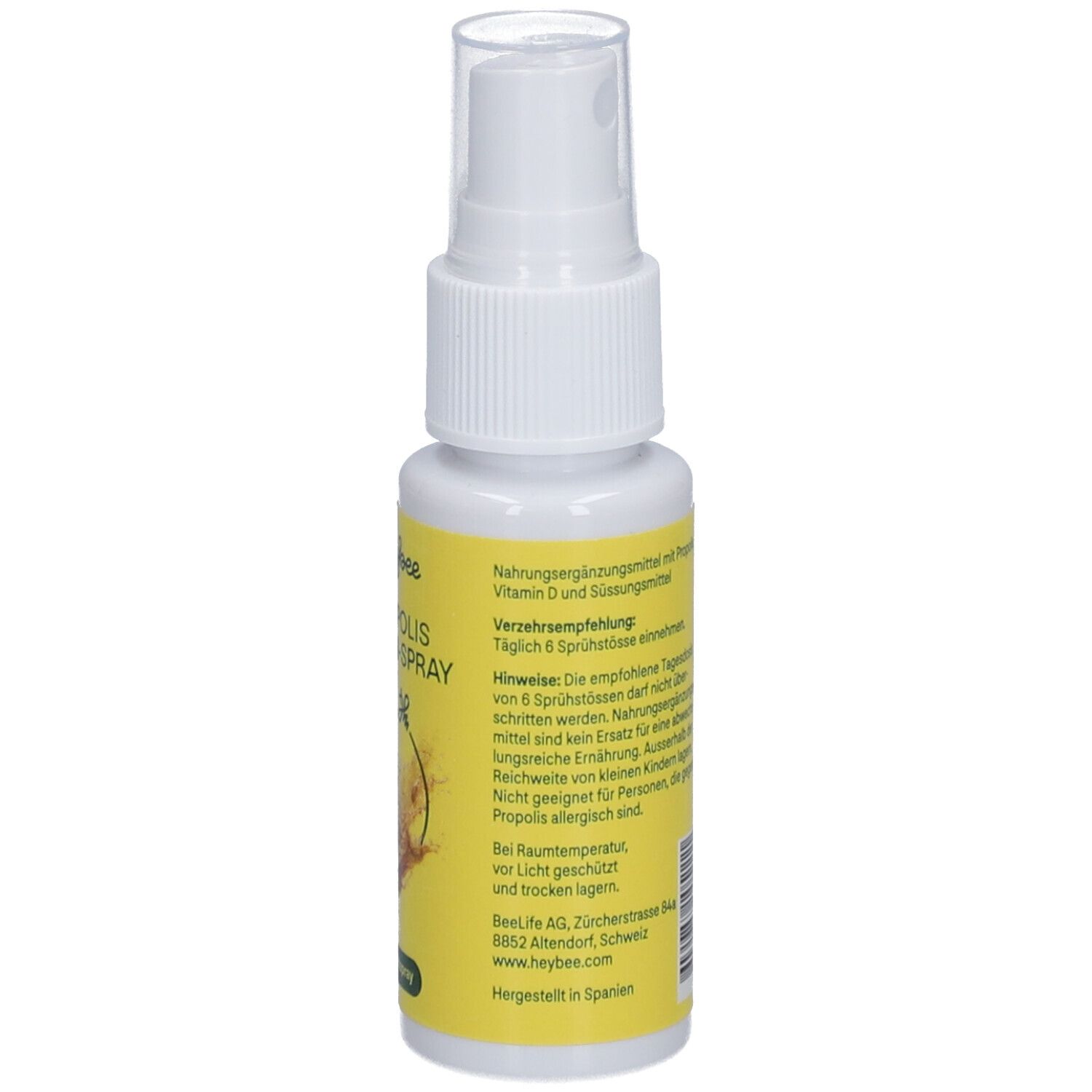 HEYBEE Propolis Immun-Spray. Flacon pulvérisateur blanc avec étiquette jaune. Texte et ingrédients.