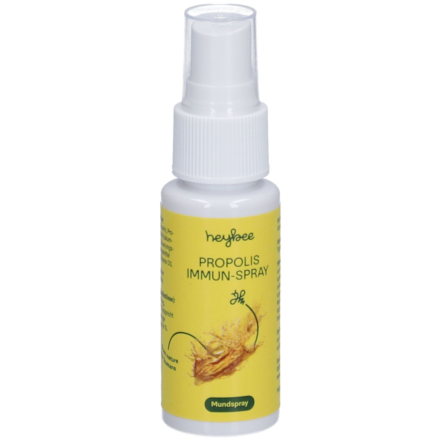 HEYBEE Propolis Immun-Spray. Flacon pulvérisateur blanc avec étiquette jaune. Nom du produit et logo.