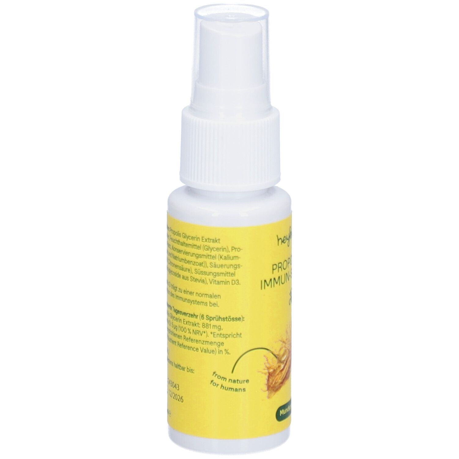 HEYBEE Propolis Immun-Spray. Flacon pulvérisateur blanc avec étiquette jaune. Nom du produit et logo.