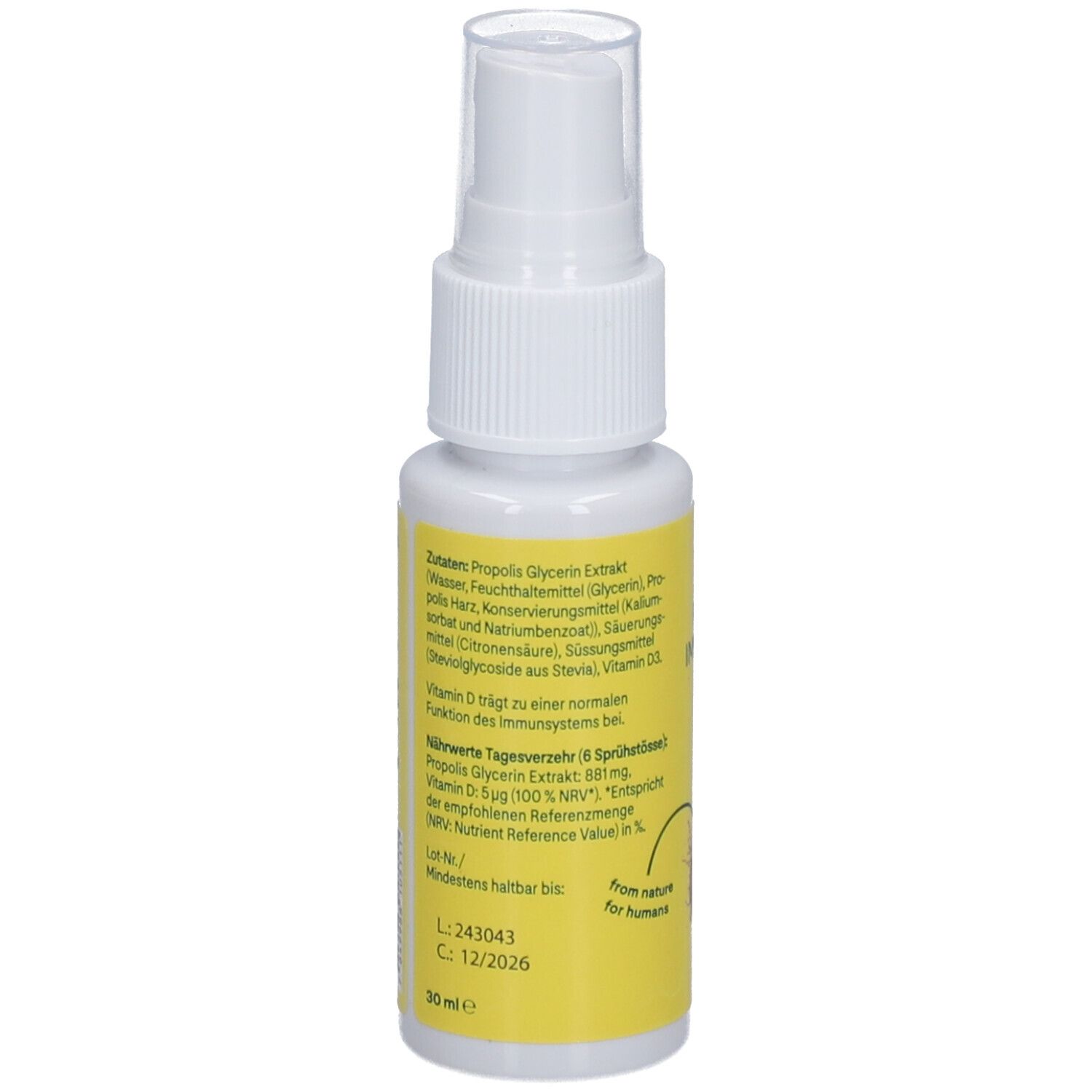 HEYBEE Propolis Immun-Spray. Flacon pulvérisateur blanc avec étiquette jaune. Texte et ingrédients.