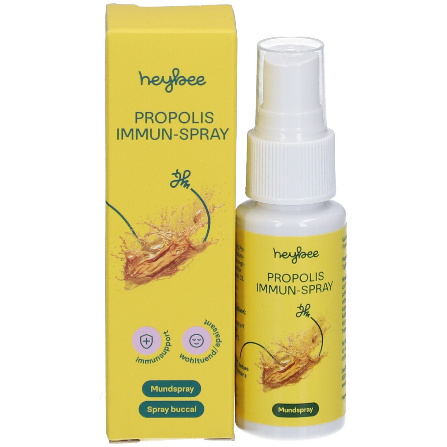 HEYBEE Propolis Immun-Spray. Flacon pulvérisateur et boîte. Jaune avec nom et logo du produit.