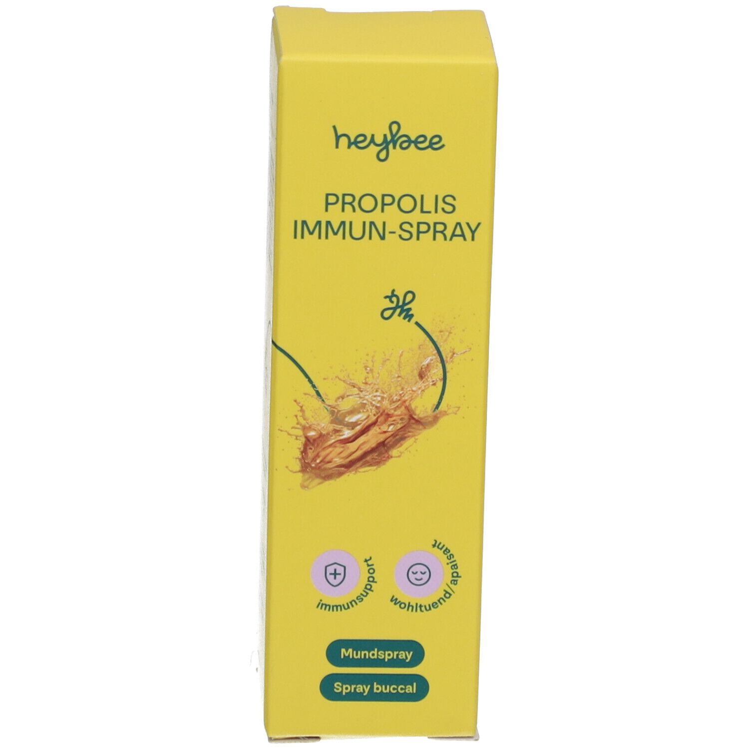 HEYBEE Propolis Immun-Spray. Boîte jaune avec nom et logo du produit. Spray buccal.