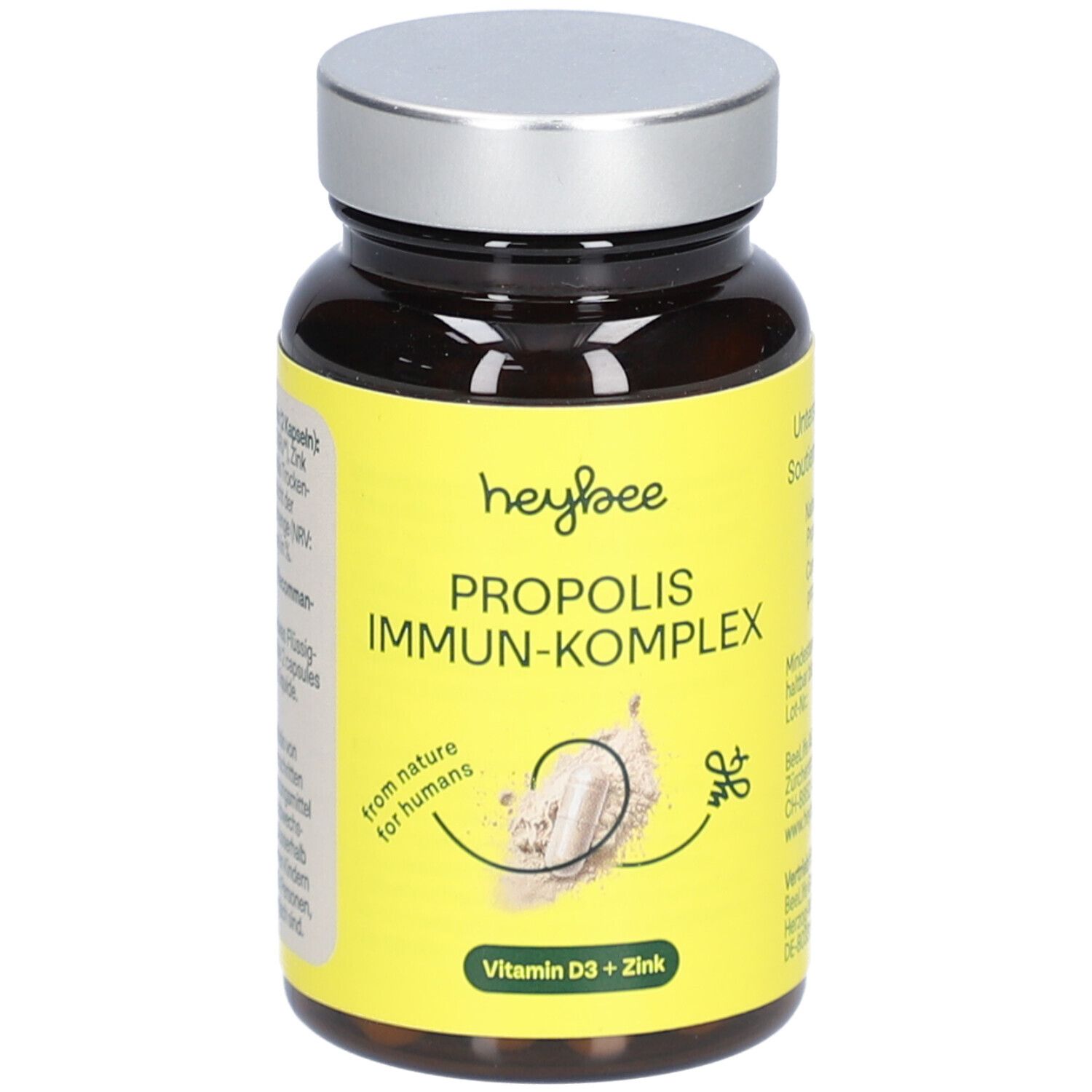 Flacon brun avec étiquette jaune. Inscription: HEYBEE PROPOLIS IMMUN-KOMPLEX. Contient vitamine D3 + zinc. 60 gélules.