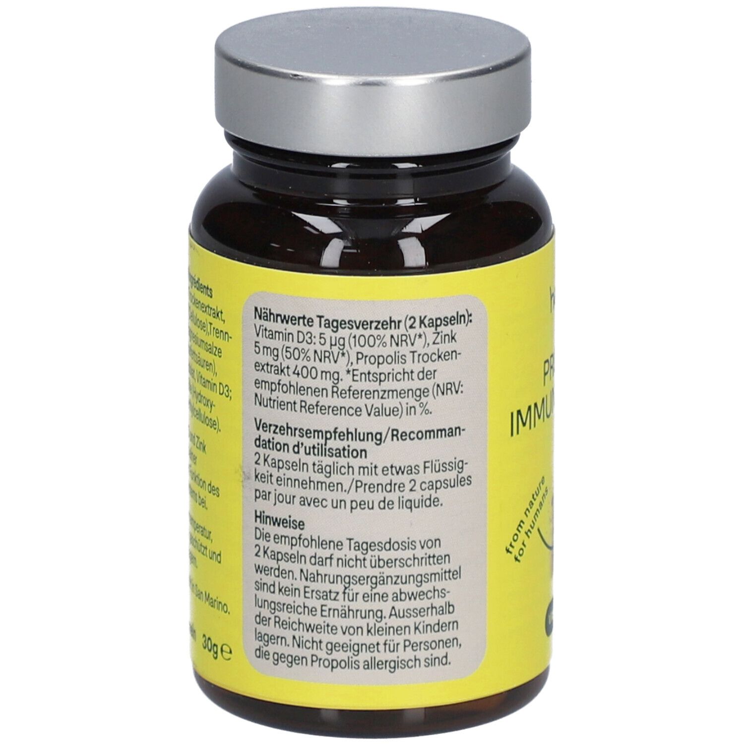 Dos du flacon. Étiquette jaune avec informations nutritionnelles et recommandations. Contient vitamine D3, zinc et propolis.