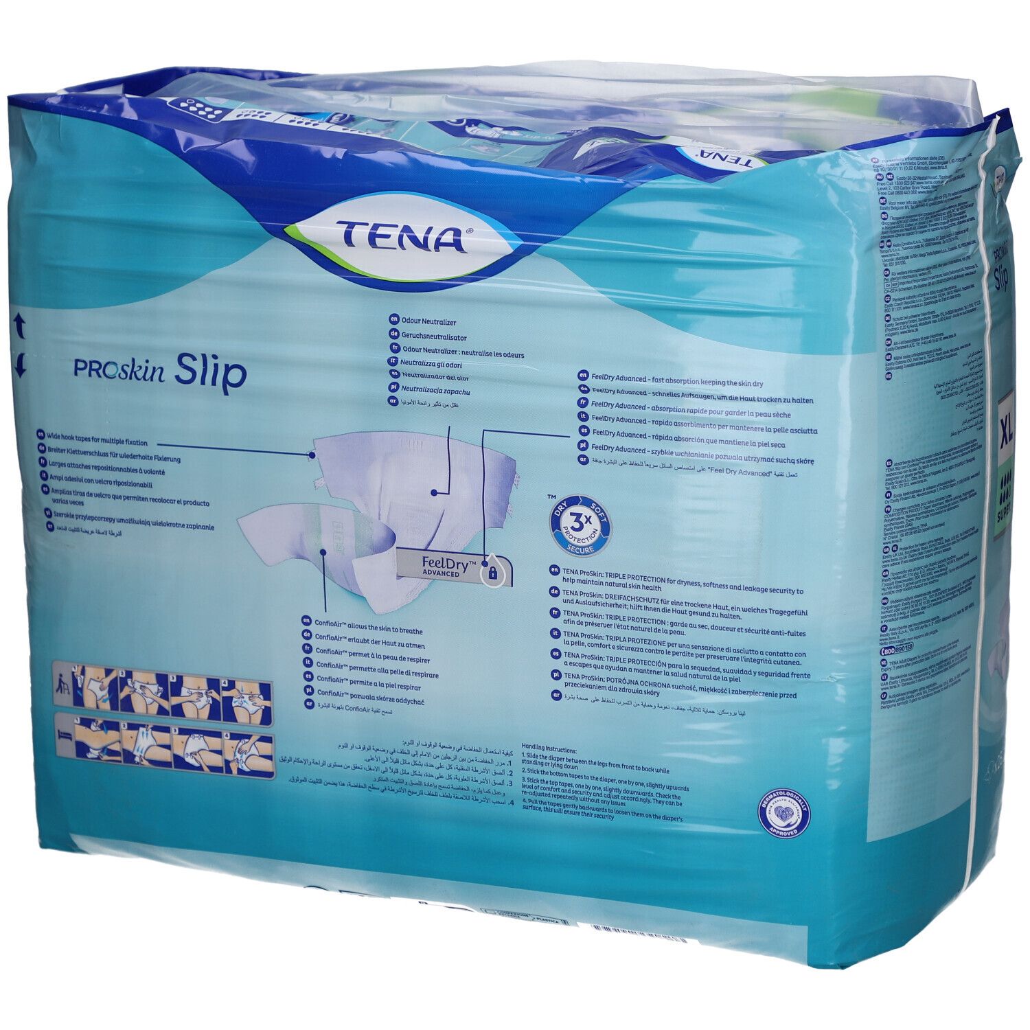 Dos du paquet TENA ProSkin Slip Super XL. Informations produit et logo. Bleu et blanc.