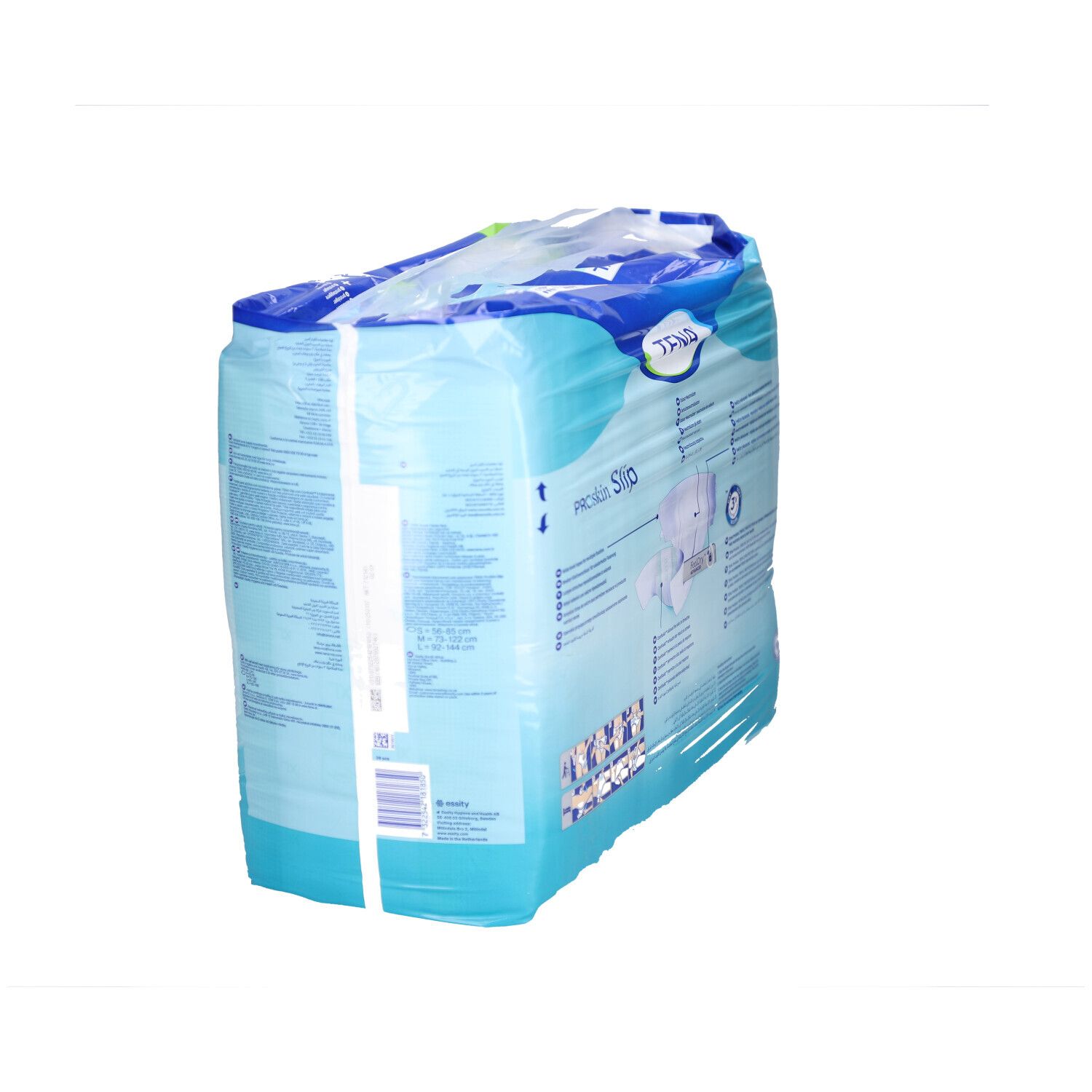 Paquet TENA ProSkin Slip Super XL. Vue en biais. Bleu et blanc. Informations produit au dos.