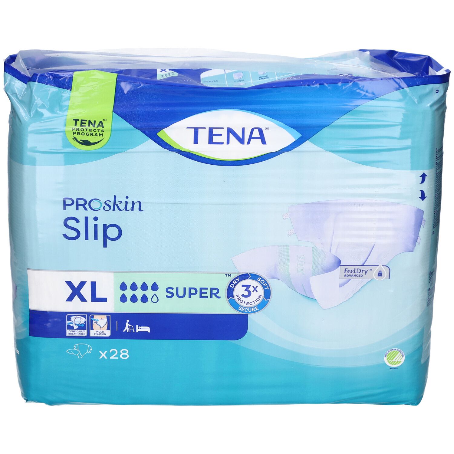 Paquet de TENA ProSkin Slip Super XL. Bleu et blanc. XL, Super, 28 unités. Logo TENA et nom du produit.