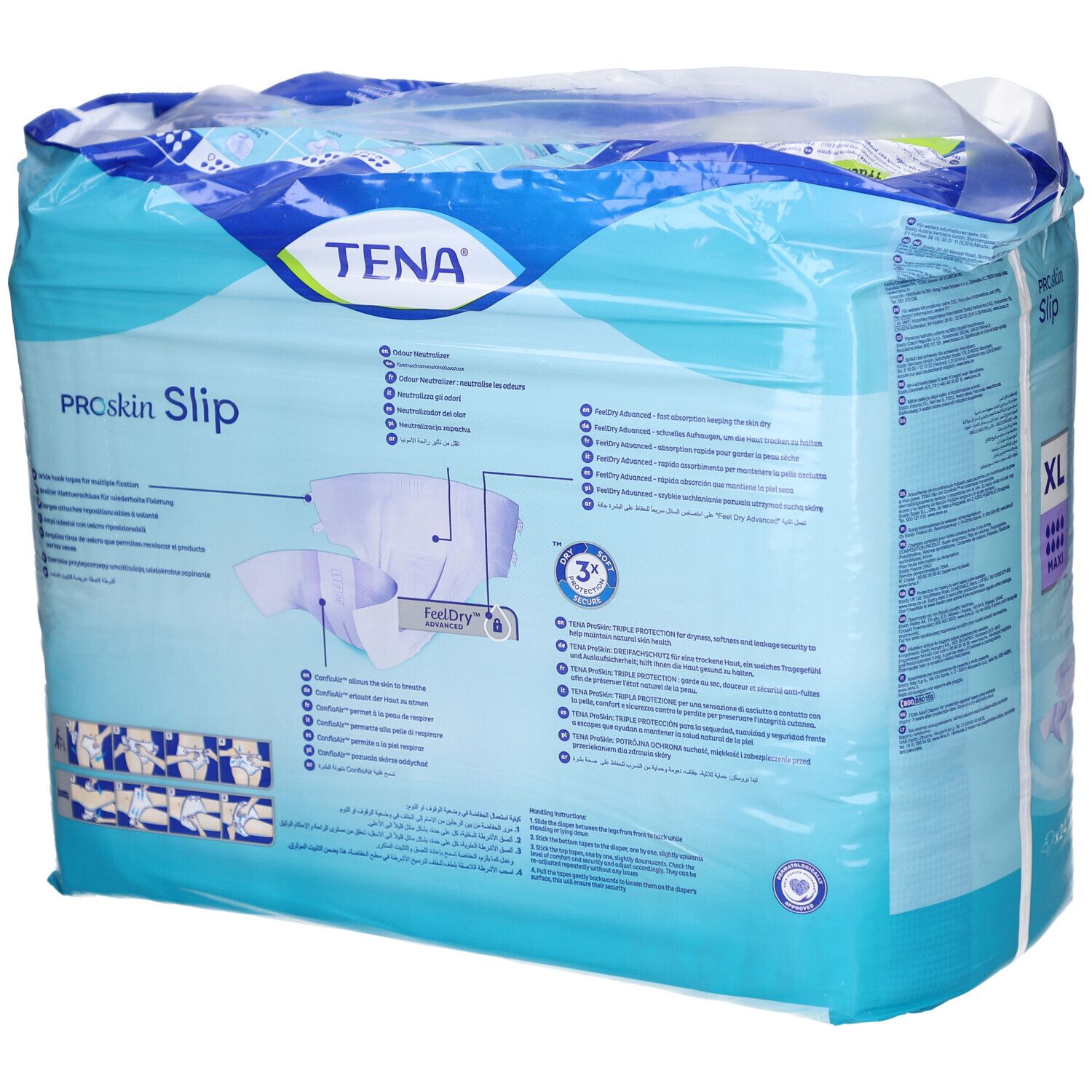 Paquet TENA ProSkin Slip. Caractéristiques, tailles et exemples d'utilisation au dos.