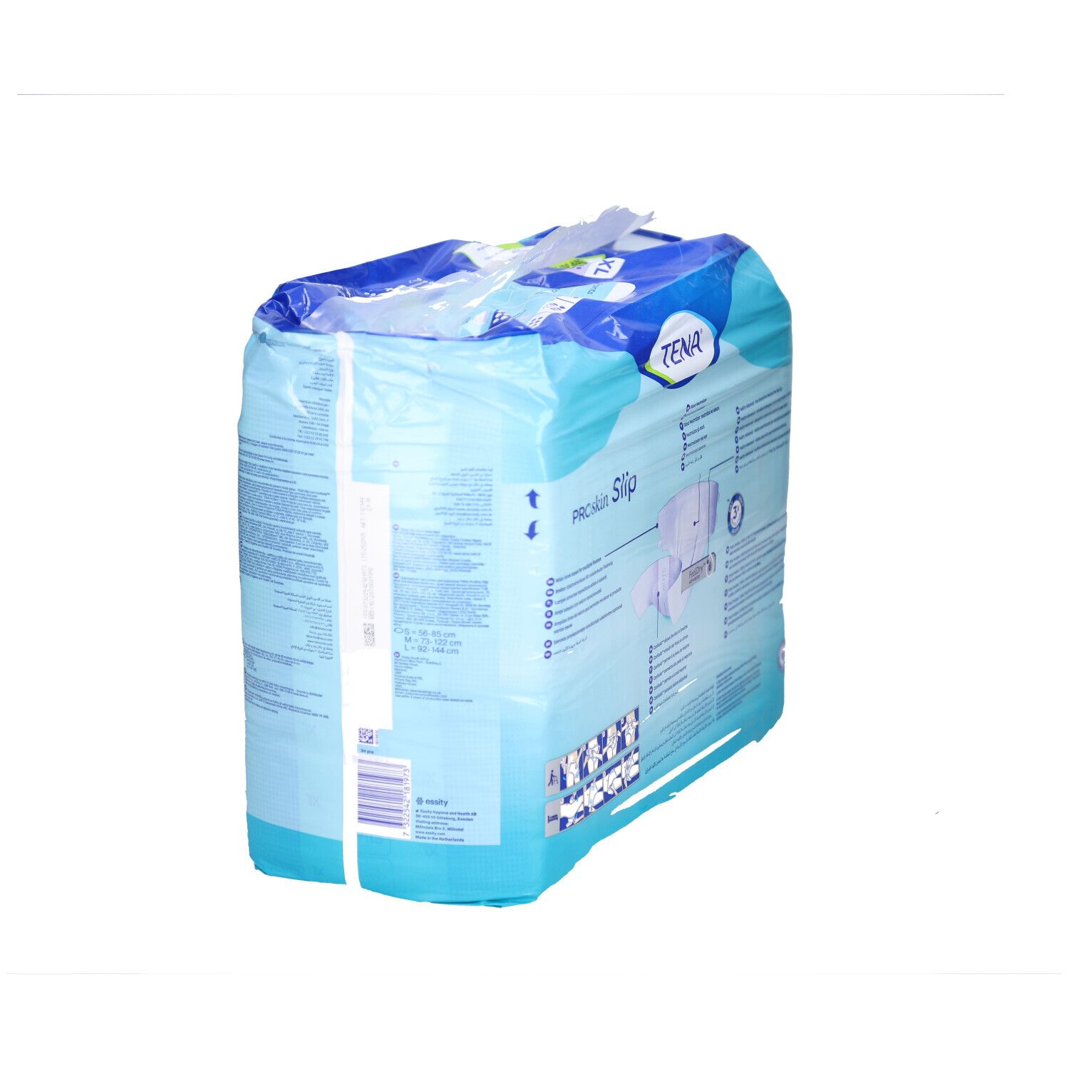 Vue latérale du paquet TENA ProSkin Slip. Informations sur le produit et indications de taille.