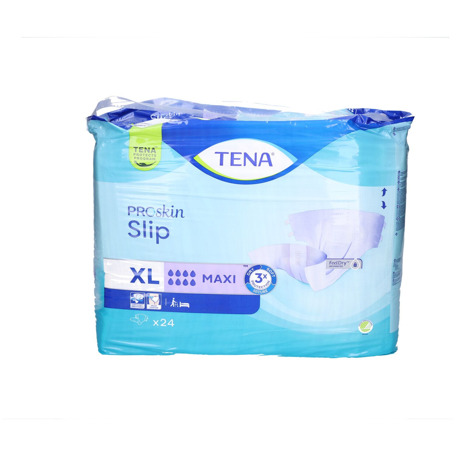 Paquet TENA ProSkin Slip Maxi XL. Taille XL, 24 unités. Indicateurs d'humidité et protection 3x Dry.