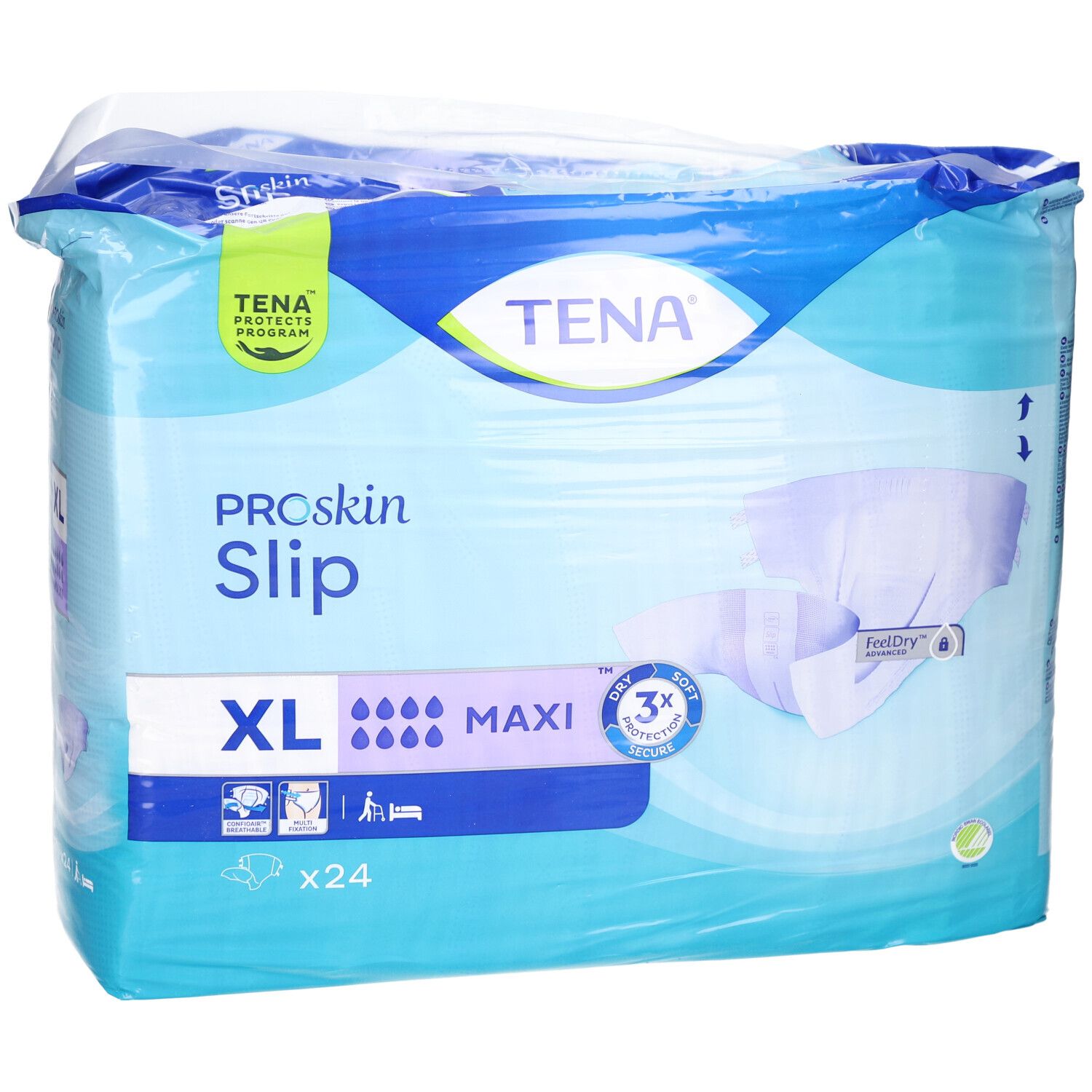 Paquet TENA ProSkin Slip Maxi XL. Taille XL, 24 unités. Indicateurs d'humidité et protection 3x Dry.