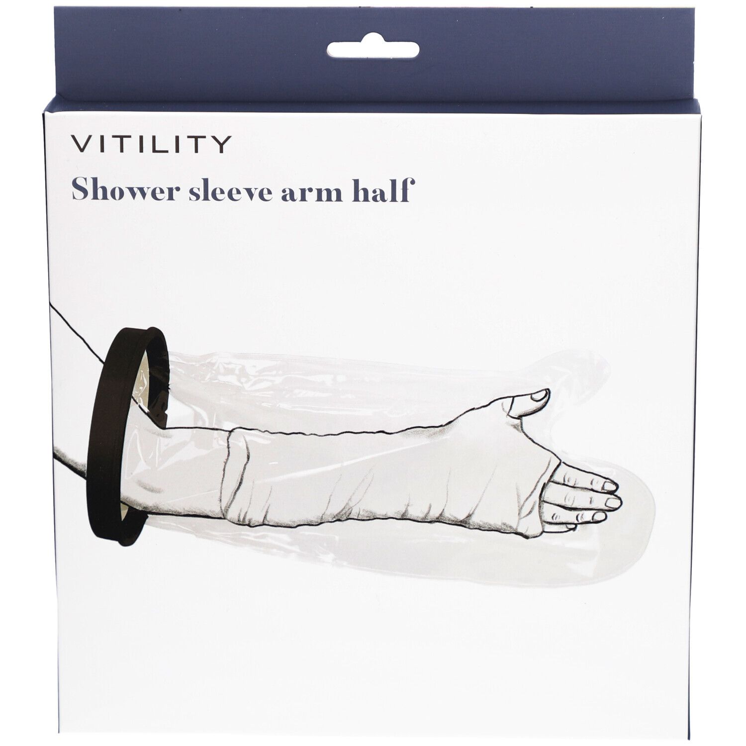 Emballage avec illustration du produit. Inscription : VITILITY, Shower sleeve arm half. Anneau noir et enveloppe transparente.