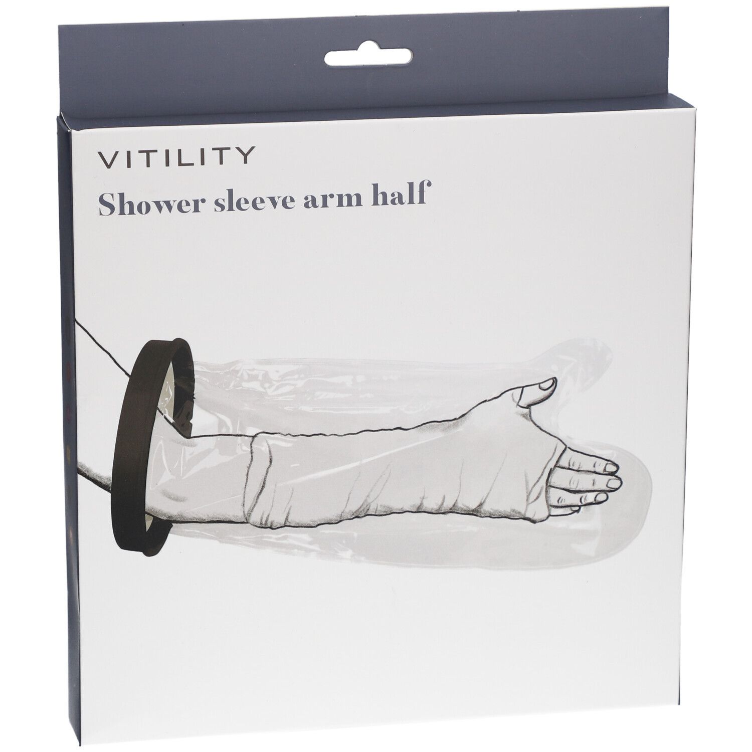 Emballage avec illustration du produit. Inscription : VITILITY, Shower sleeve arm half. Anneau noir et enveloppe transparente.