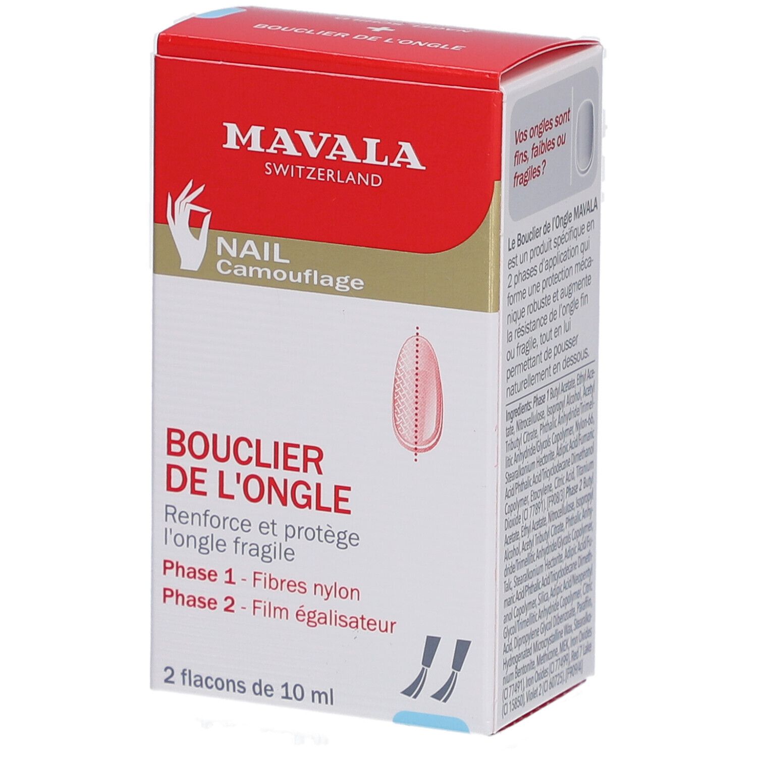 Boîte avec logo et nom du produit. Contient deux flacons. Texte: BOUCLIER DE L'ONGLE, Phase 1 - Fibres nylon, Phase 2 - Film égalisateur.