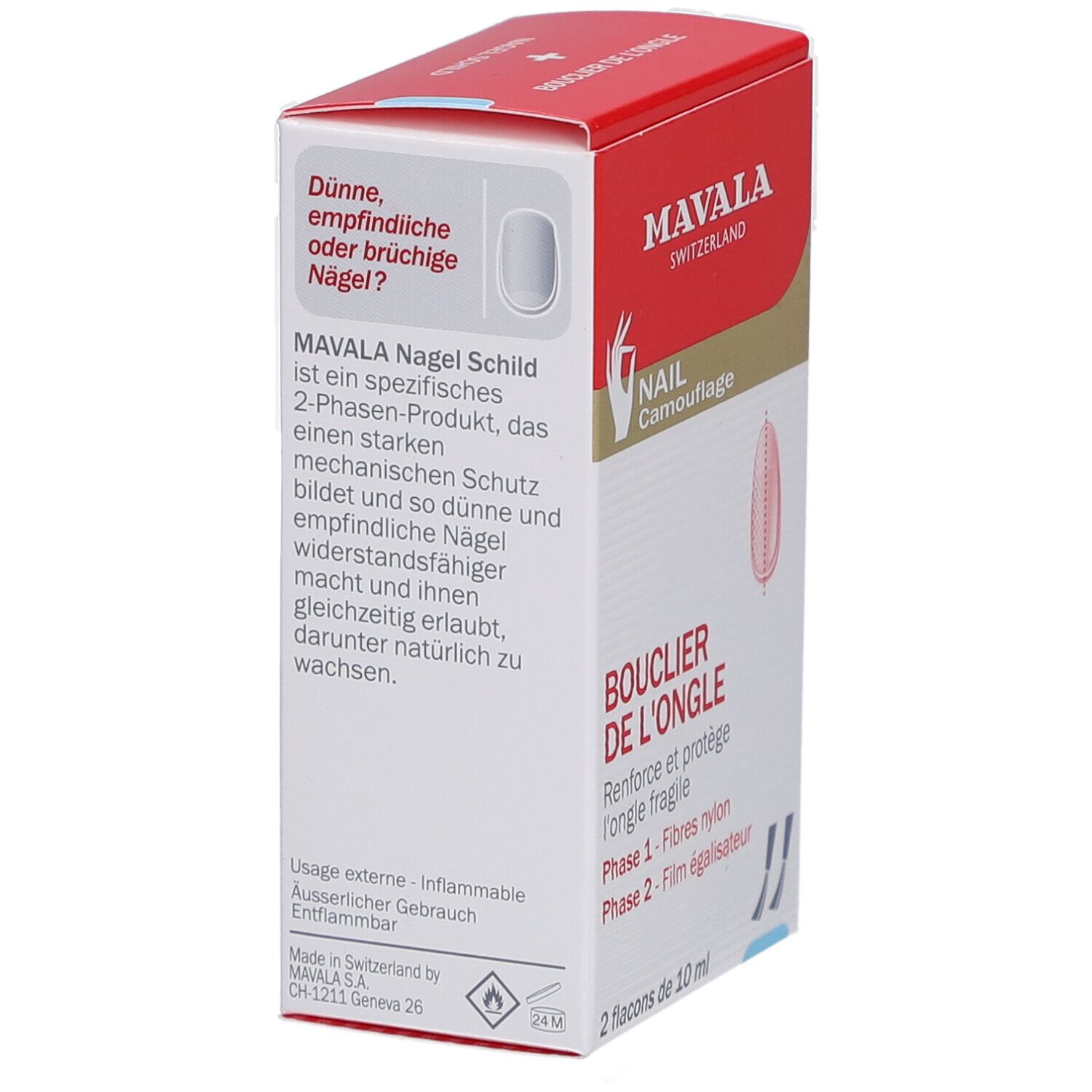 Boîte avec logo et nom du produit. Contient deux flacons. Texte: NAGEL SCHILD, Phase 1 - Basis mit Nylonfasern, Phase 2 - Glättender Schutzfilm.