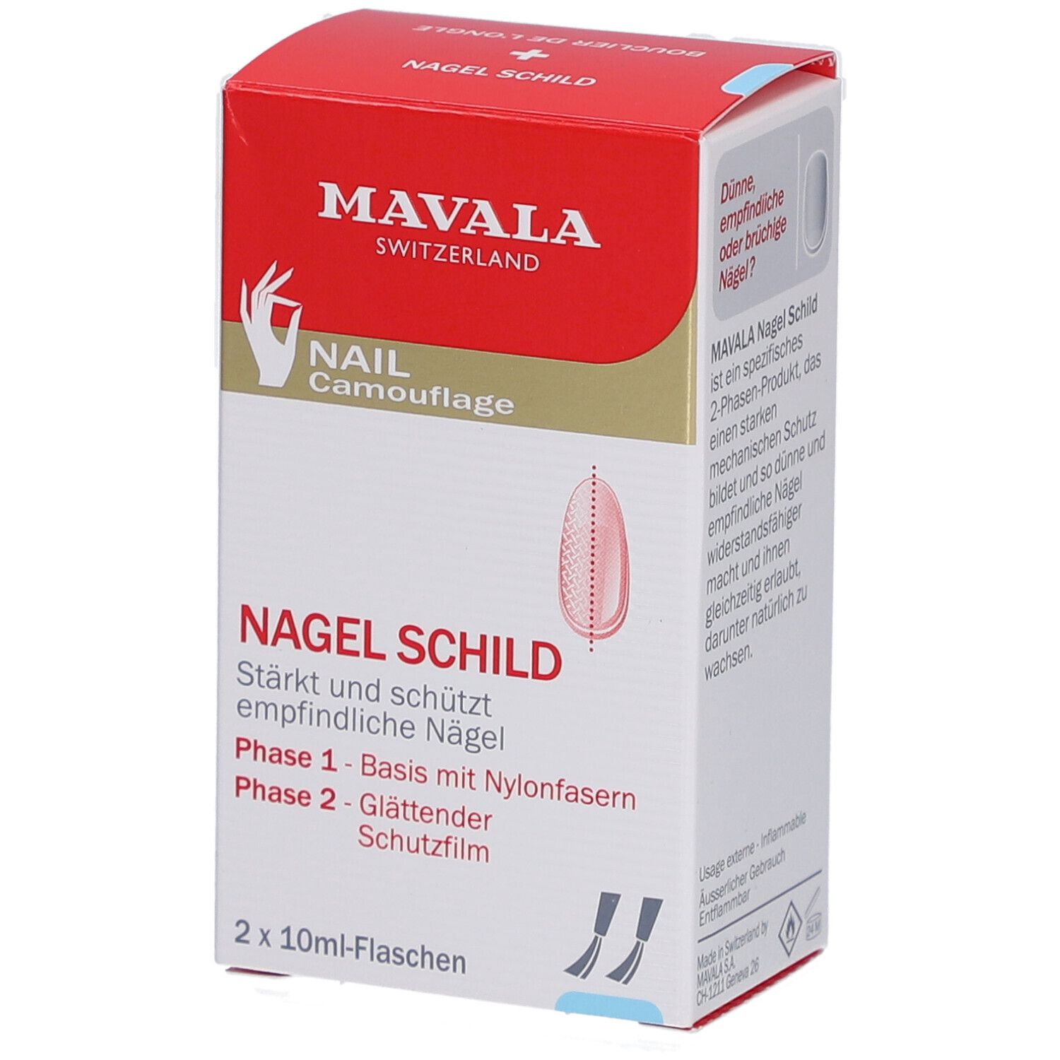Boîte avec logo et nom du produit. Contient deux flacons. Texte: NAGEL SCHILD, Phase 1 - Basis mit Nylonfasern, Phase 2 - Glättender Schutzfilm.