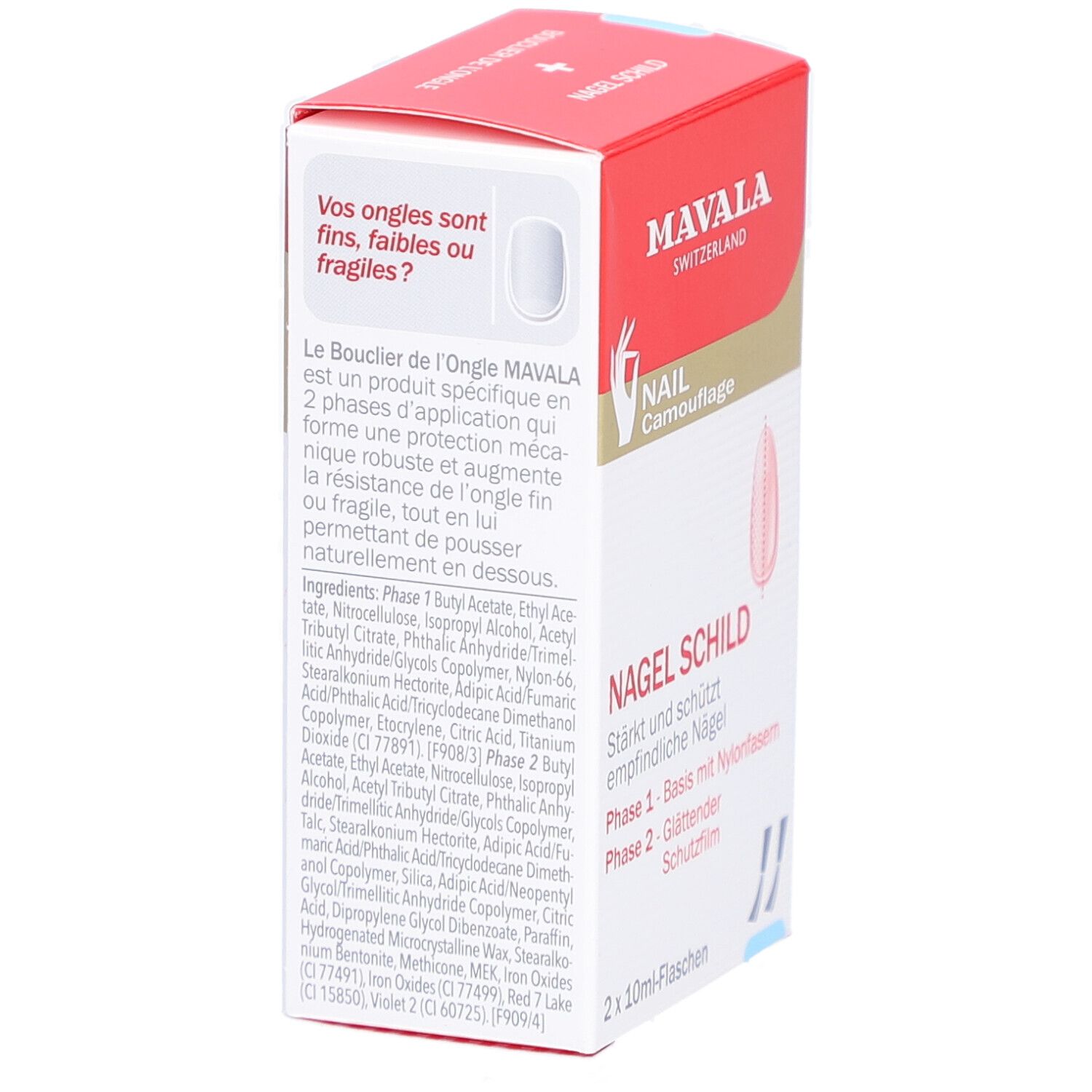 Boîte avec logo et nom du produit. Contient deux flacons. Texte: NAGEL SCHILD, Phase 1 - Basis mit Nylonfasern, Phase 2 - Glättender Schutzfilm.