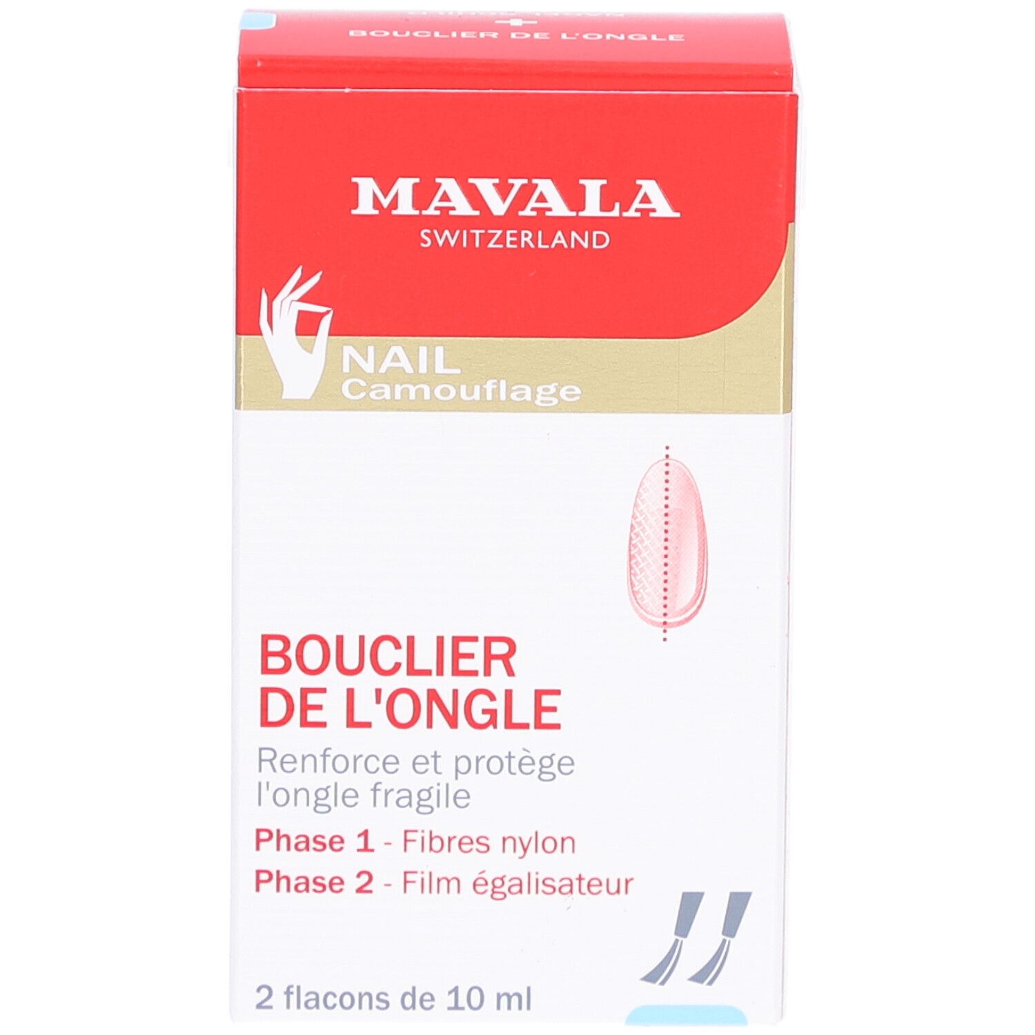 Boîte avec logo et nom du produit. Contient deux flacons. Texte: BOUCLIER DE L'ONGLE, Phase 1 - Fibres nylon, Phase 2 - Film égalisateur.
