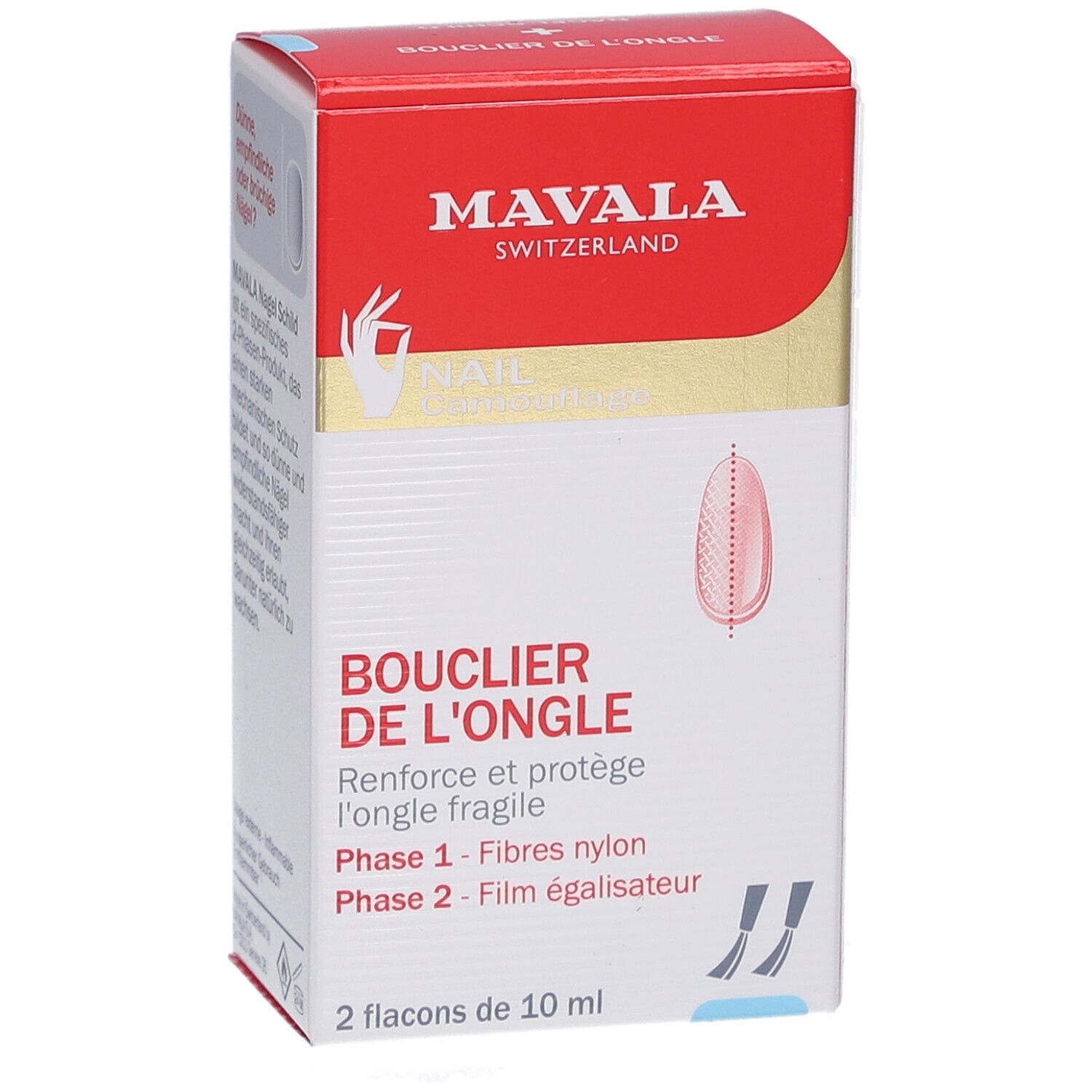 Boîte avec logo et nom du produit. Contient deux flacons. Texte: BOUCLIER DE L'ONGLE, Phase 1 - Fibres nylon, Phase 2 - Film égalisateur.
