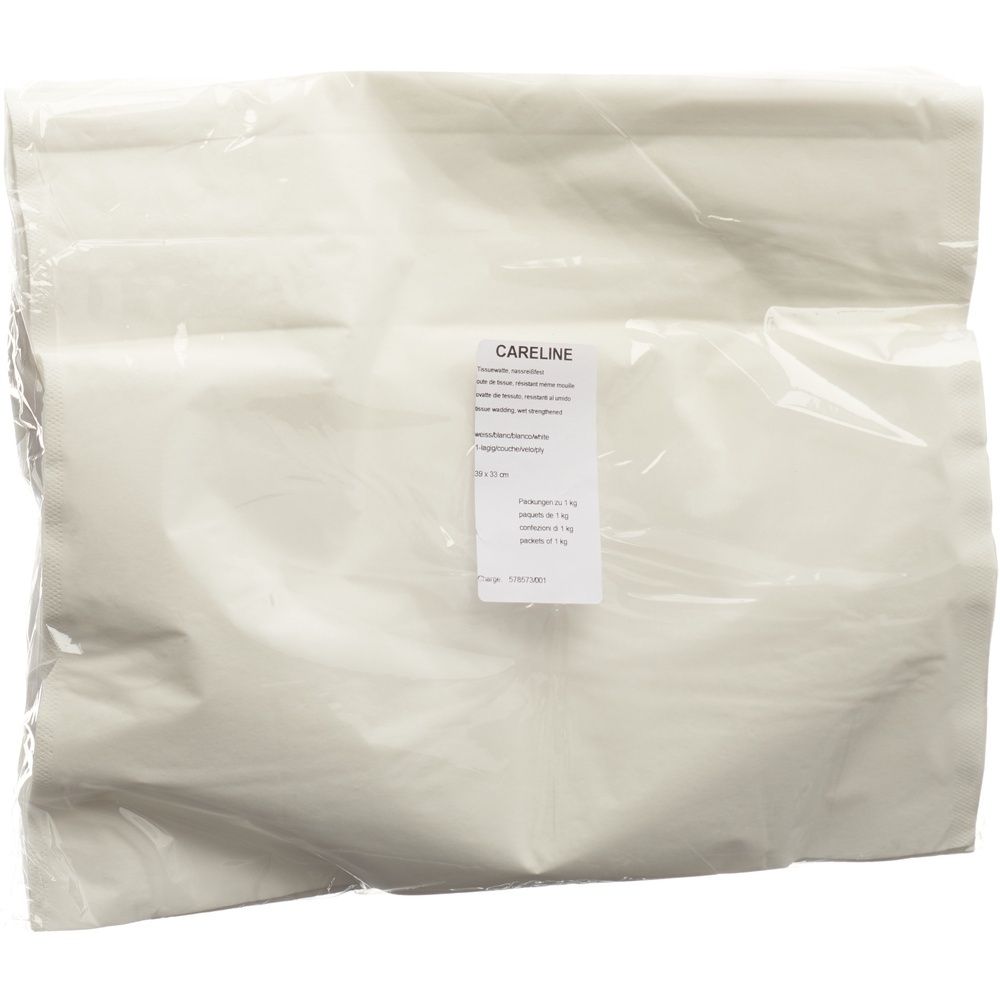 Ouate de cellulose dans un emballage transparent. Étiquette CARELINE avec informations.