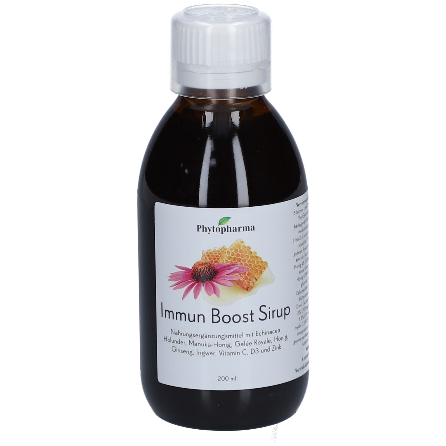 Bouteille marron avec bouchon blanc. Étiquette avec nom du produit et illustrations. Contient échinacée, miel, ginseng, vitamine C.