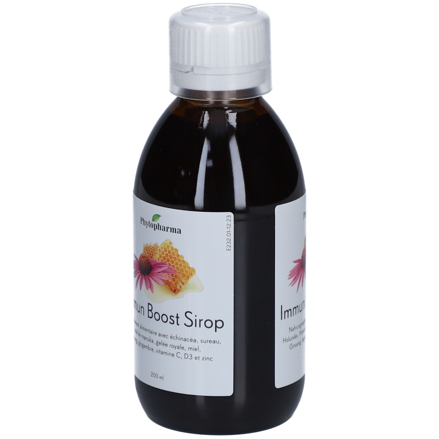 Bouteille marron avec bouchon blanc. Étiquette avec nom du produit et illustrations. Contient échinacée, miel, ginseng, vitamine C.