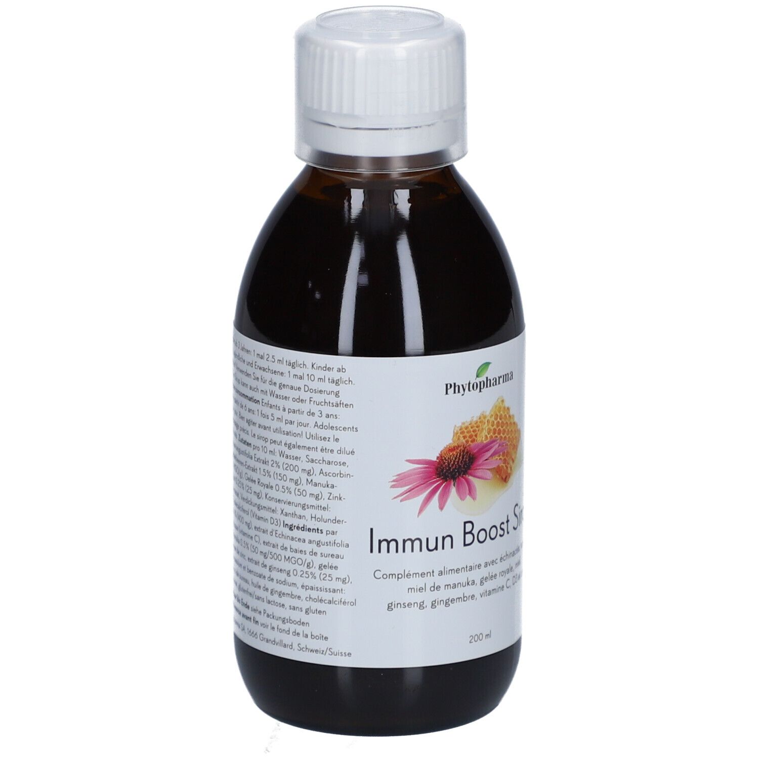 Bouteille marron avec bouchon blanc. Étiquette avec nom du produit et illustrations. Contient échinacée, miel, ginseng, vitamine C.