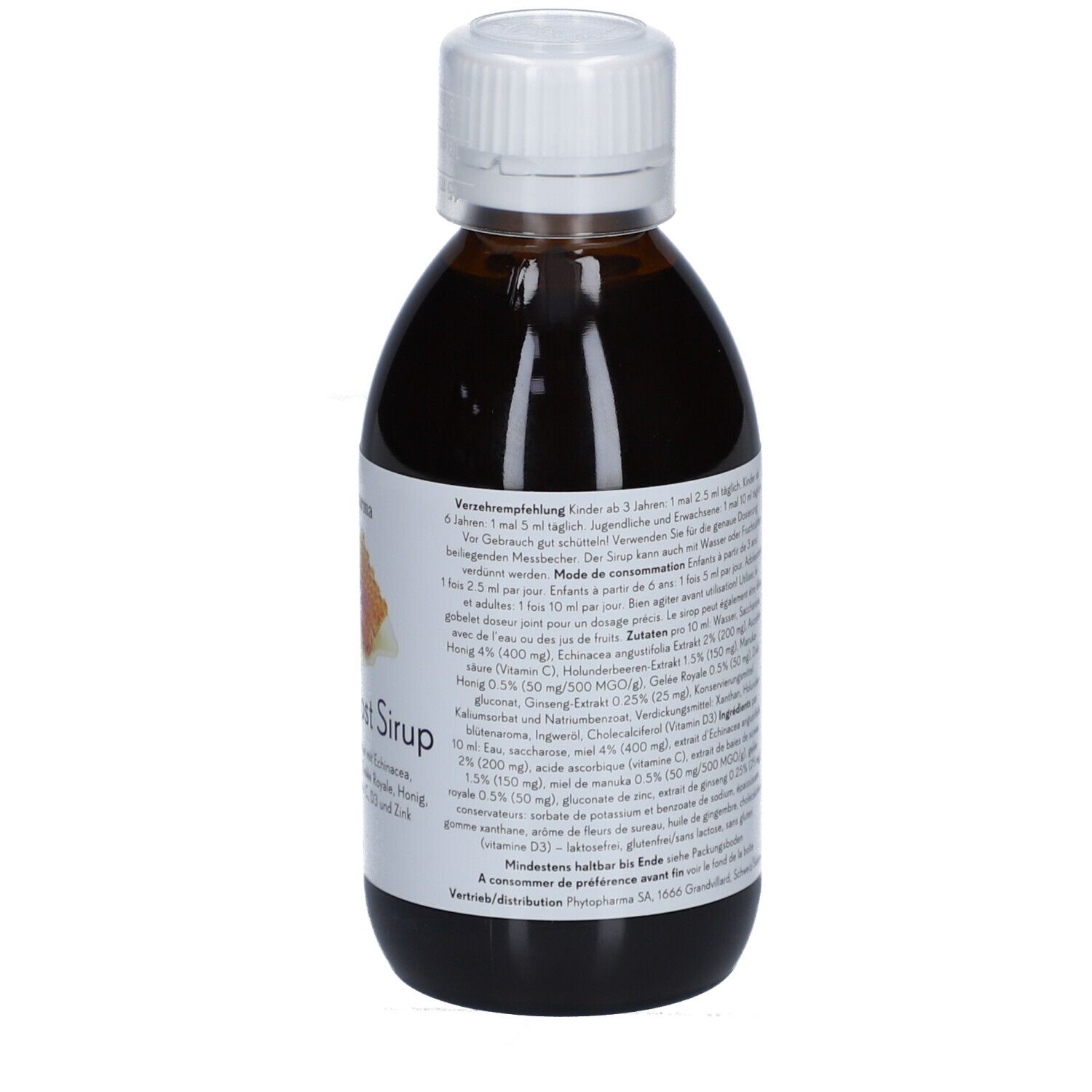 Bouteille marron avec bouchon blanc. Informations sur l'étiquette. Vue arrière. Contient échinacée, miel, ginseng, vitamine C.