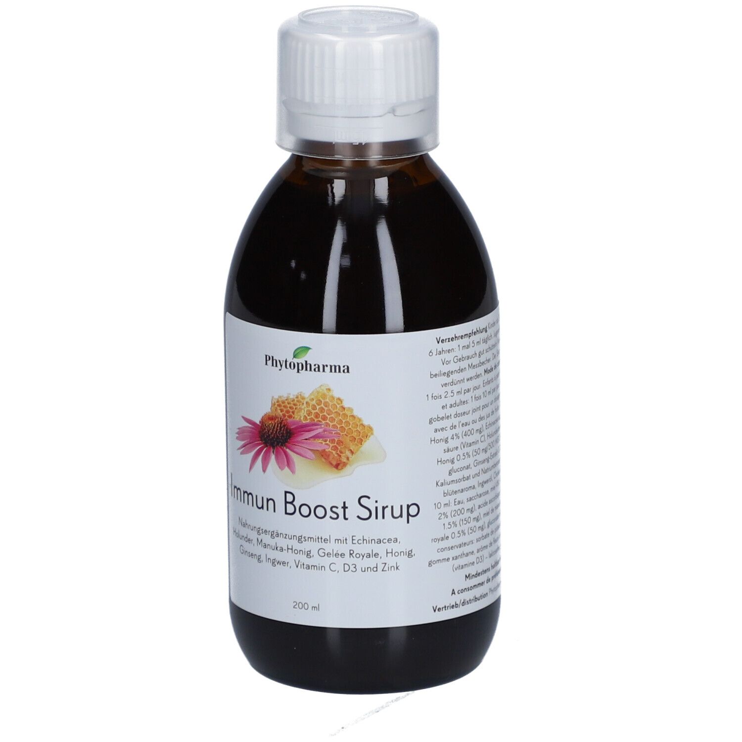 Bouteille marron avec bouchon blanc. Étiquette avec nom du produit et illustrations. Contient échinacée, miel, ginseng, vitamine C.