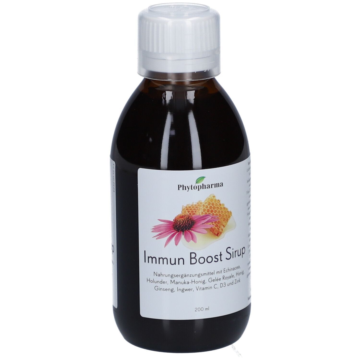 Bouteille marron avec bouchon blanc. Étiquette avec nom du produit et illustrations. Contient échinacée, miel, ginseng, vitamine C.