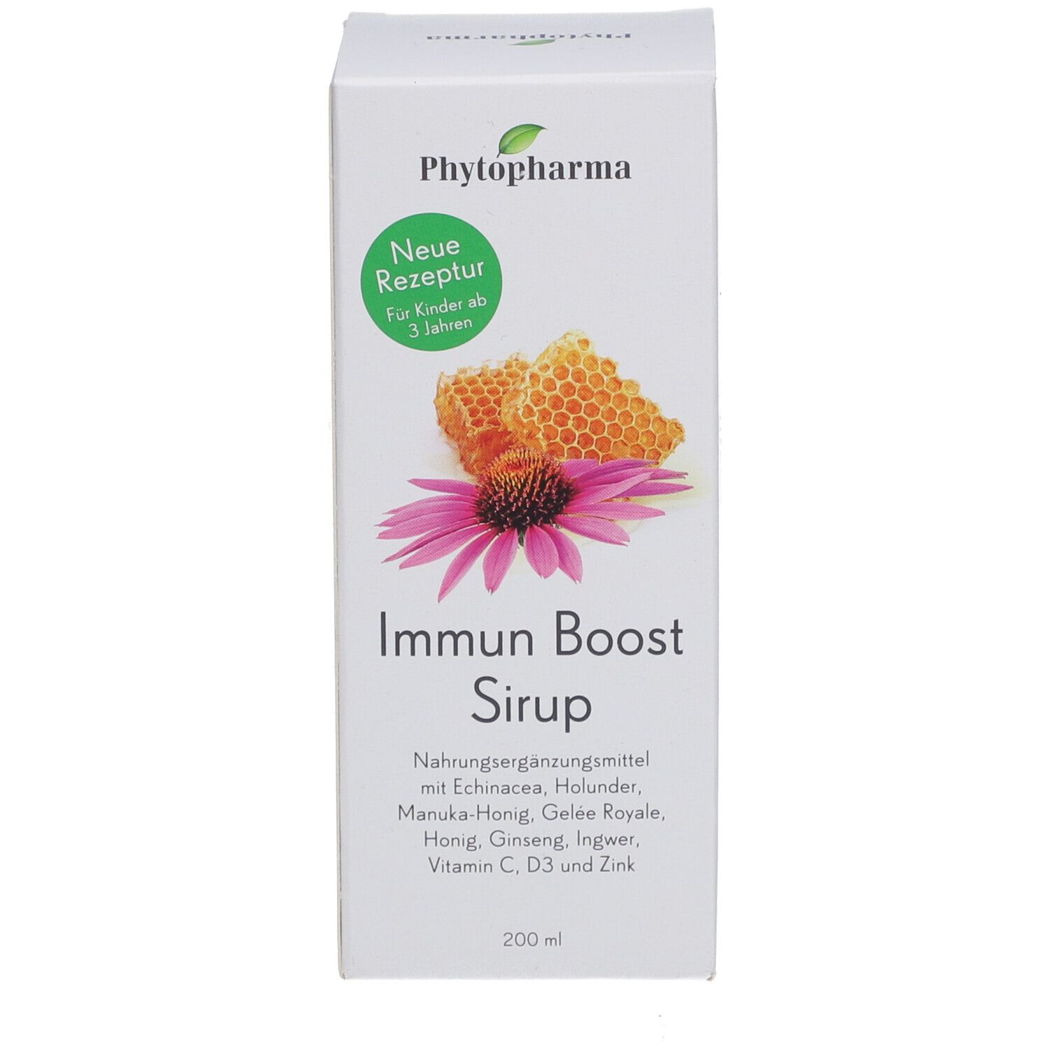 Emballage blanc avec nom du produit et illustrations. Contient échinacée, miel, ginseng, vitamine C. Pour enfants dès 3 ans.