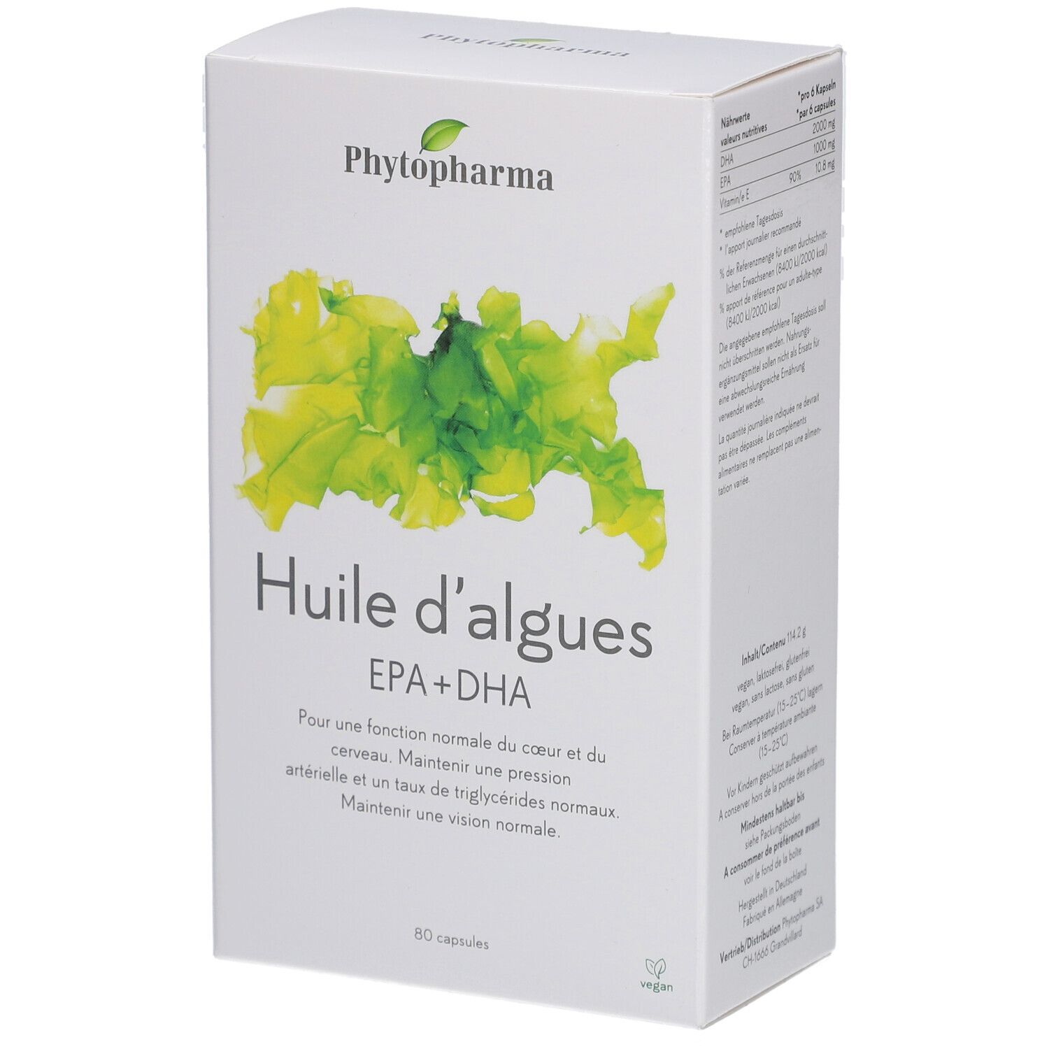 Boîte blanche avec logo Phytopharma et "Huile d'algues EPA+DHA". Contient 60 capsules. Label vegan.