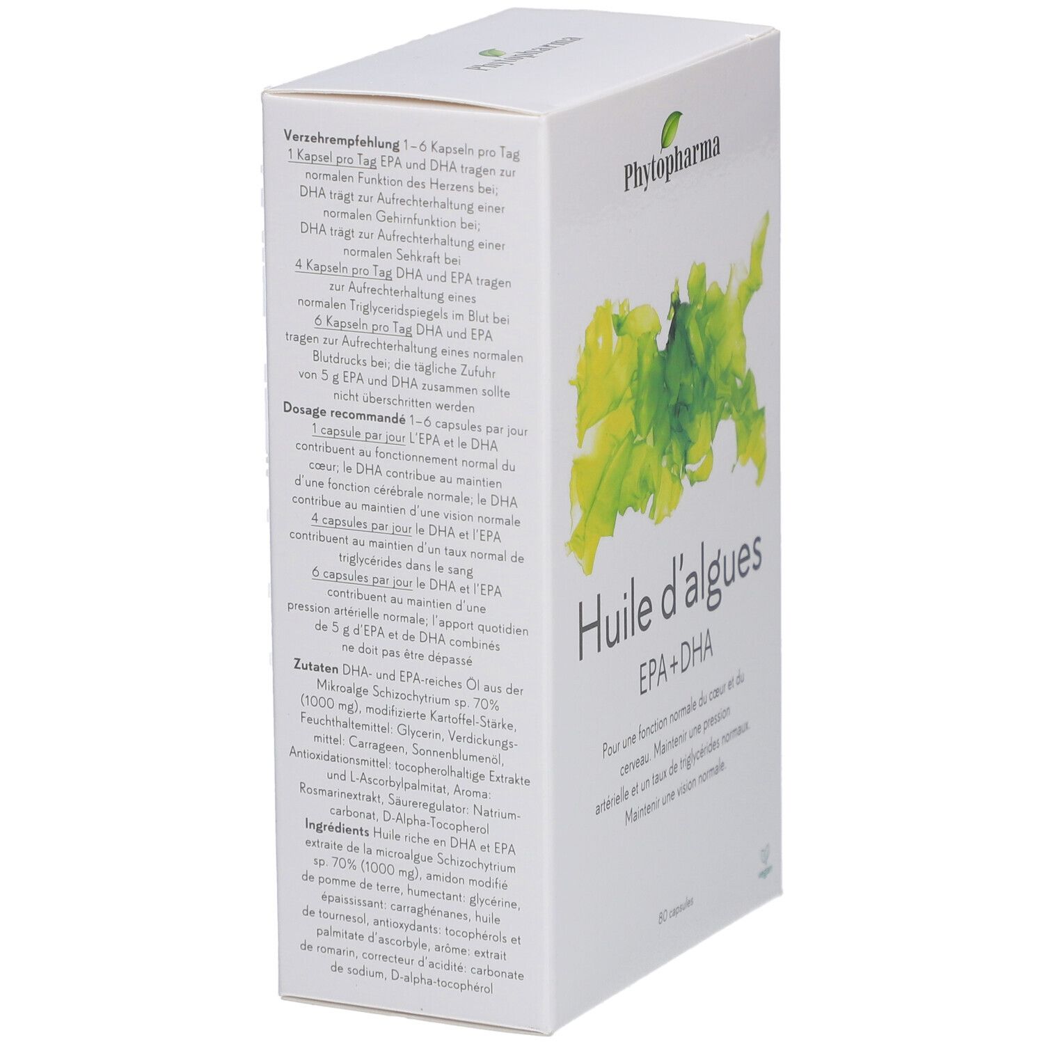 Vue latérale de l'emballage blanc avec texte. Contient des informations sur les ingrédients et le dosage. Logo Phytopharma.