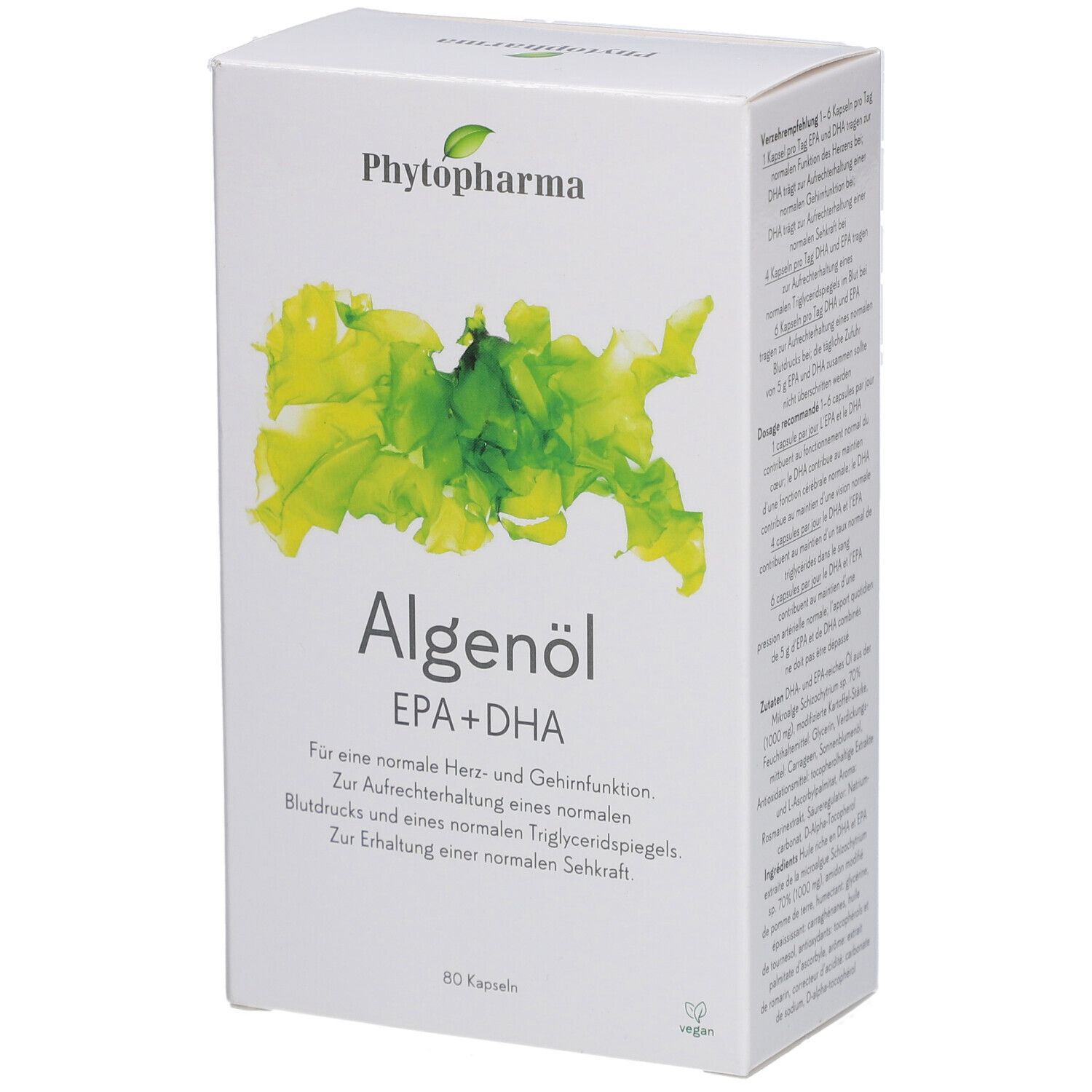 Boîte blanche avec logo Phytopharma et "Algenöl EPA+DHA". Contient 60 capsules. Label vegan.