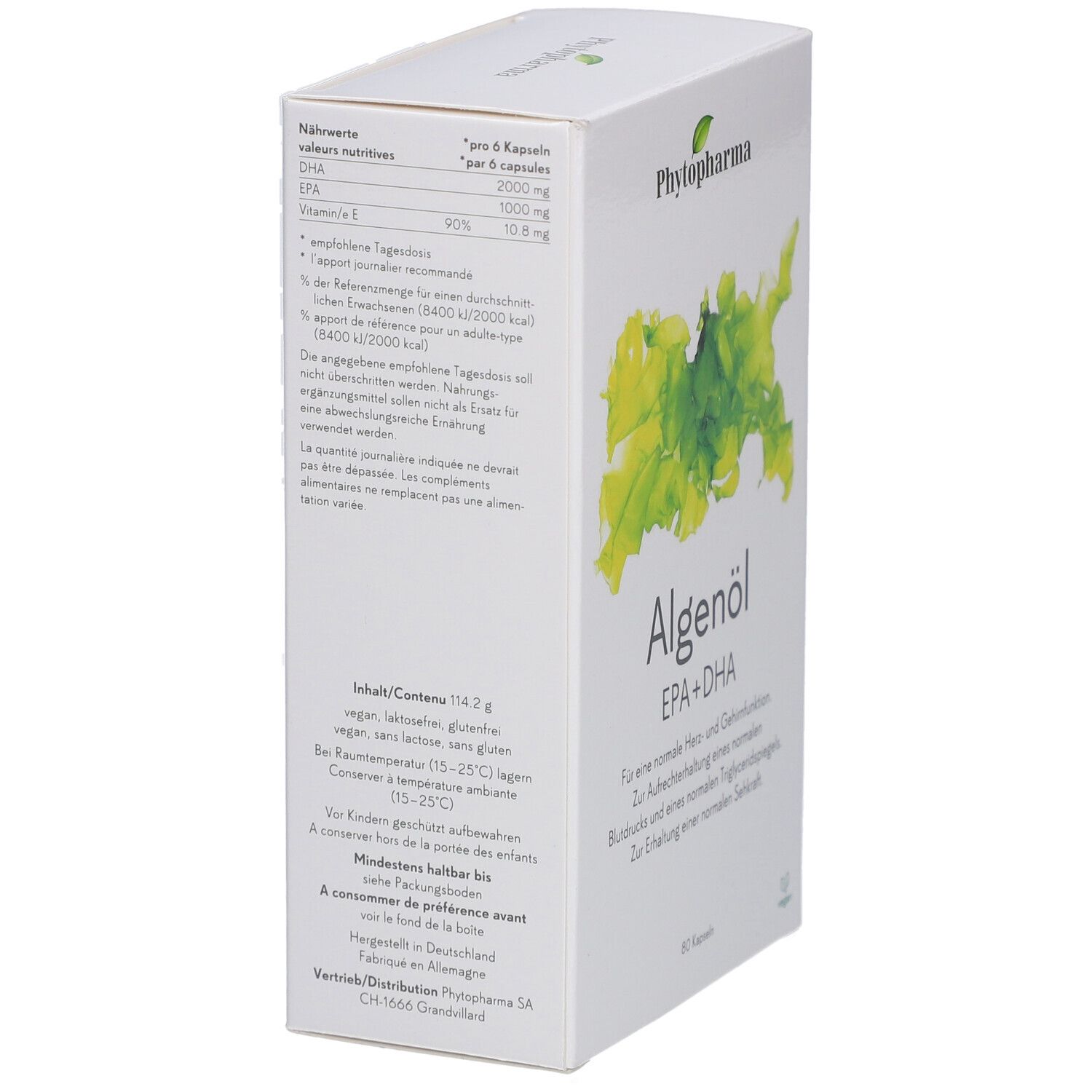 Vue latérale de l'emballage blanc avec texte. Contient des informations nutritionnelles et des ingrédients. Logo Phytopharma.