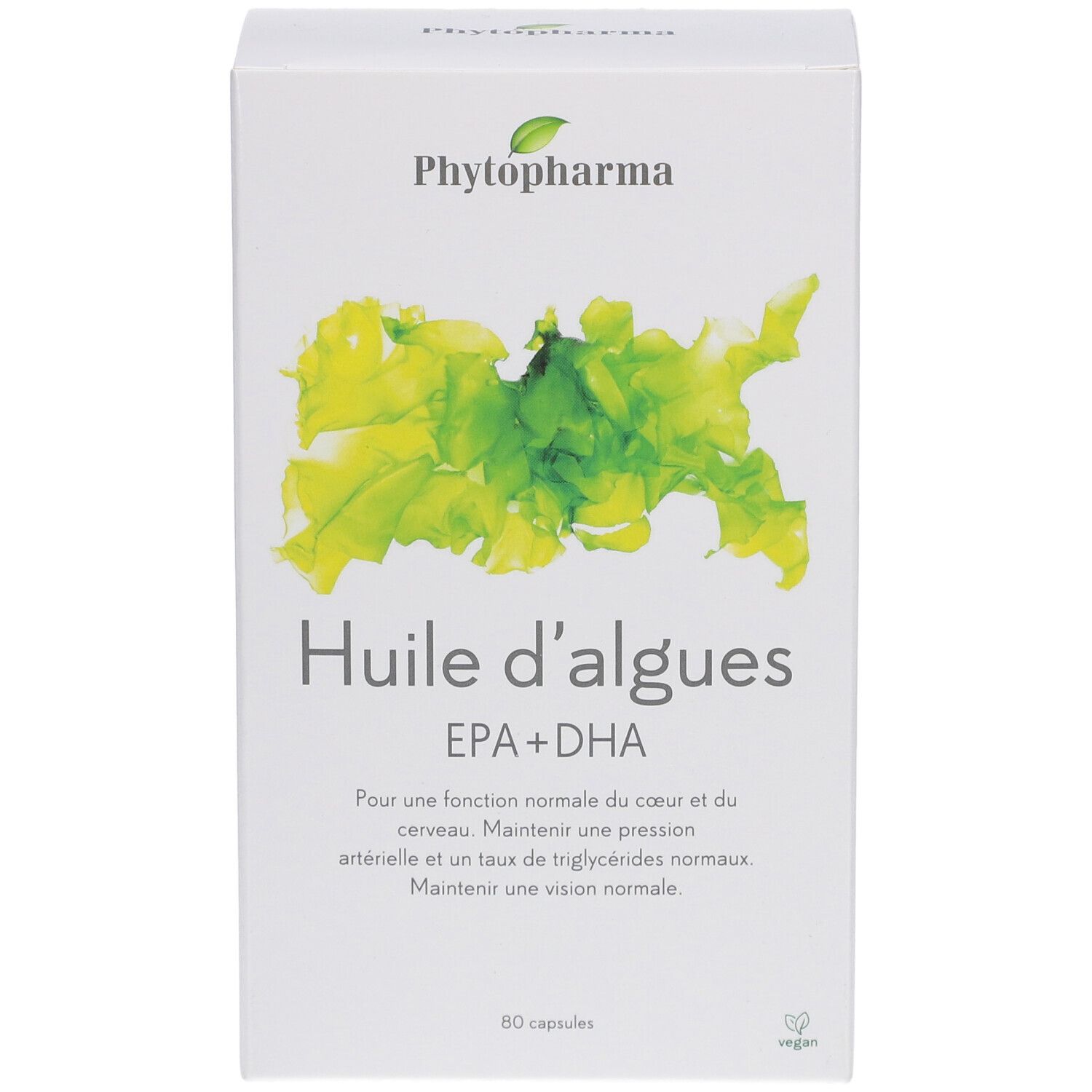 Boîte blanche avec logo Phytopharma et "Huile d'algues EPA+DHA". Contient 60 capsules. Label vegan.
