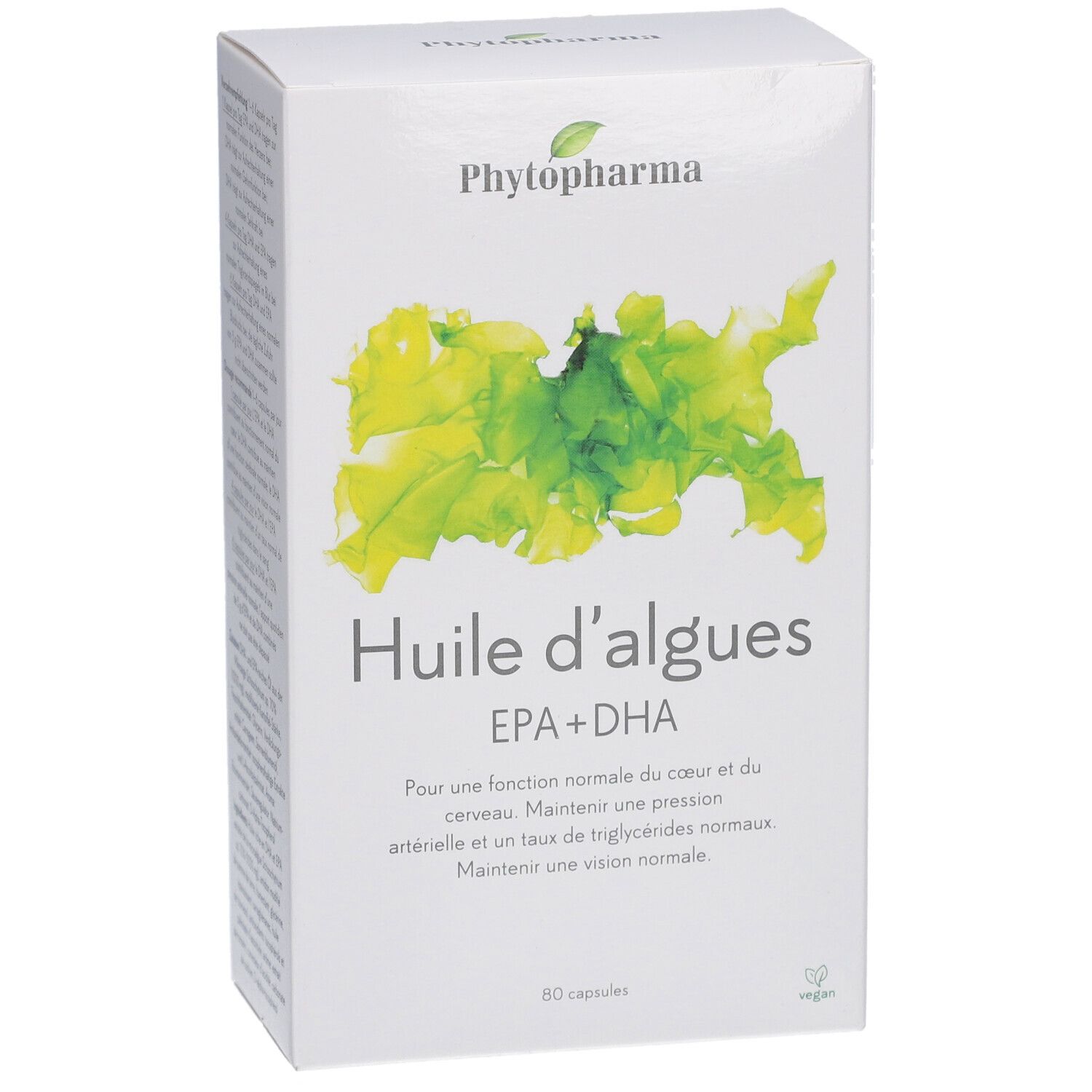 Boîte blanche avec logo Phytopharma et "Huile d'algues EPA+DHA". Contient 60 capsules. Label vegan.