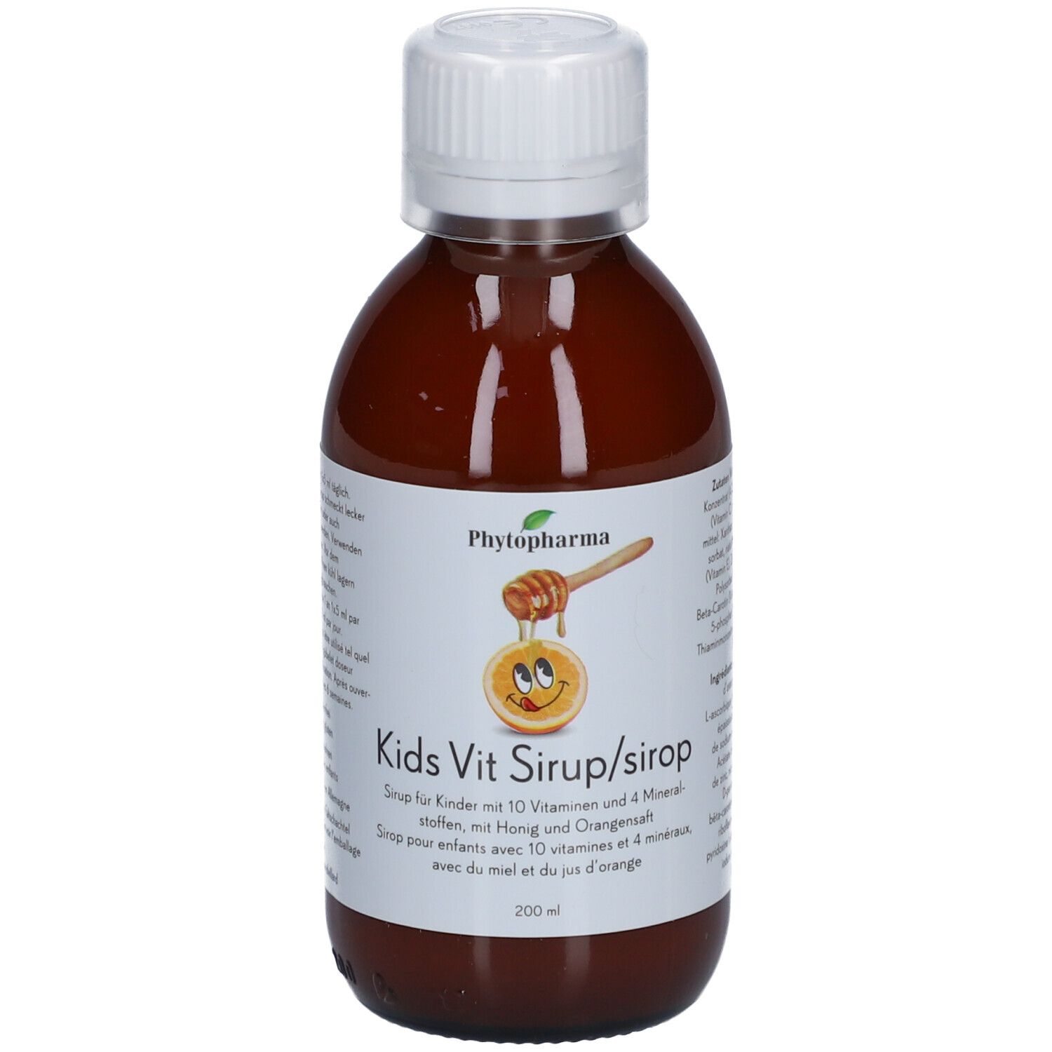 Bouteille marron avec bouchon blanc. Étiquette avec nom du produit et illustration. Contient vitamines et minéraux.