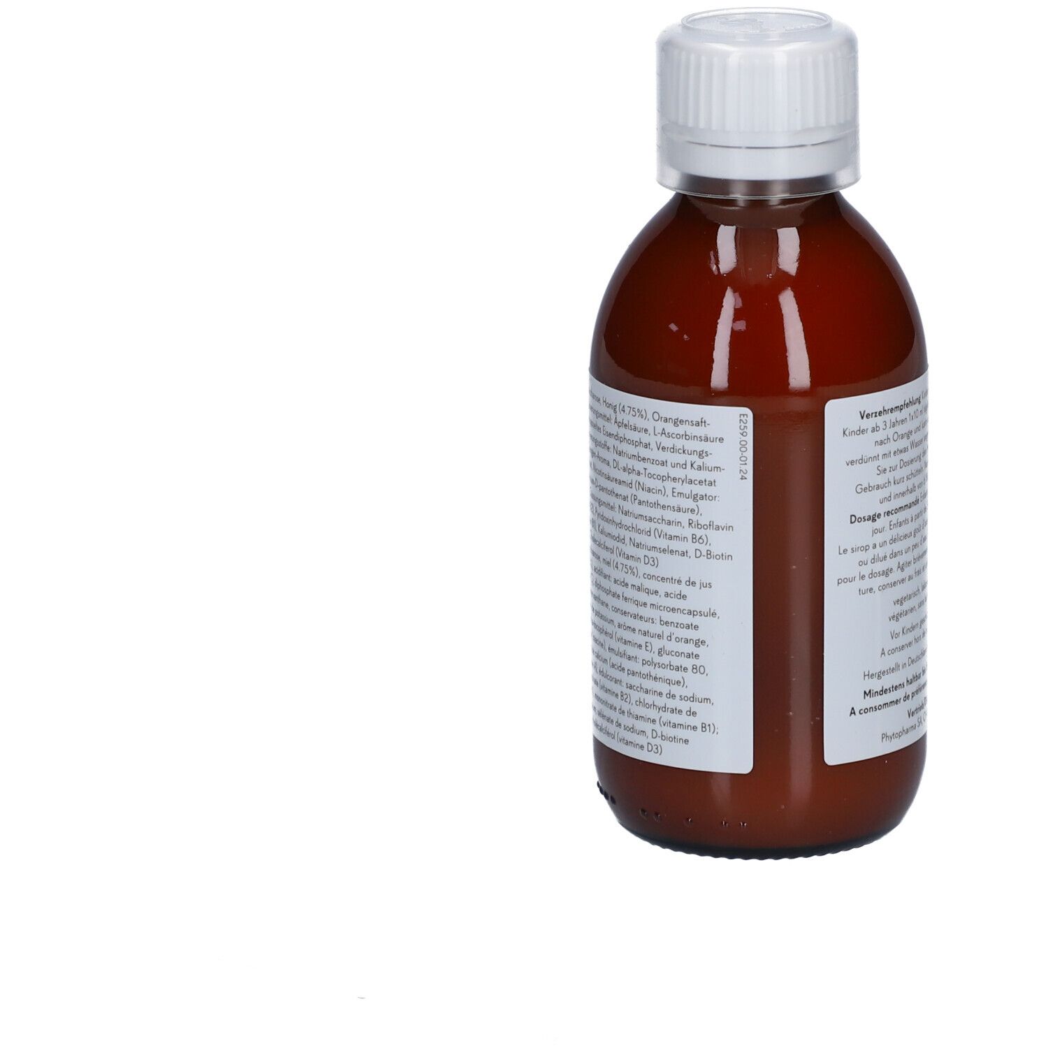 Bouteille avec bouchon blanc. Étiquette avec ingrédients et informations nutritionnelles. Liquide brun visible.