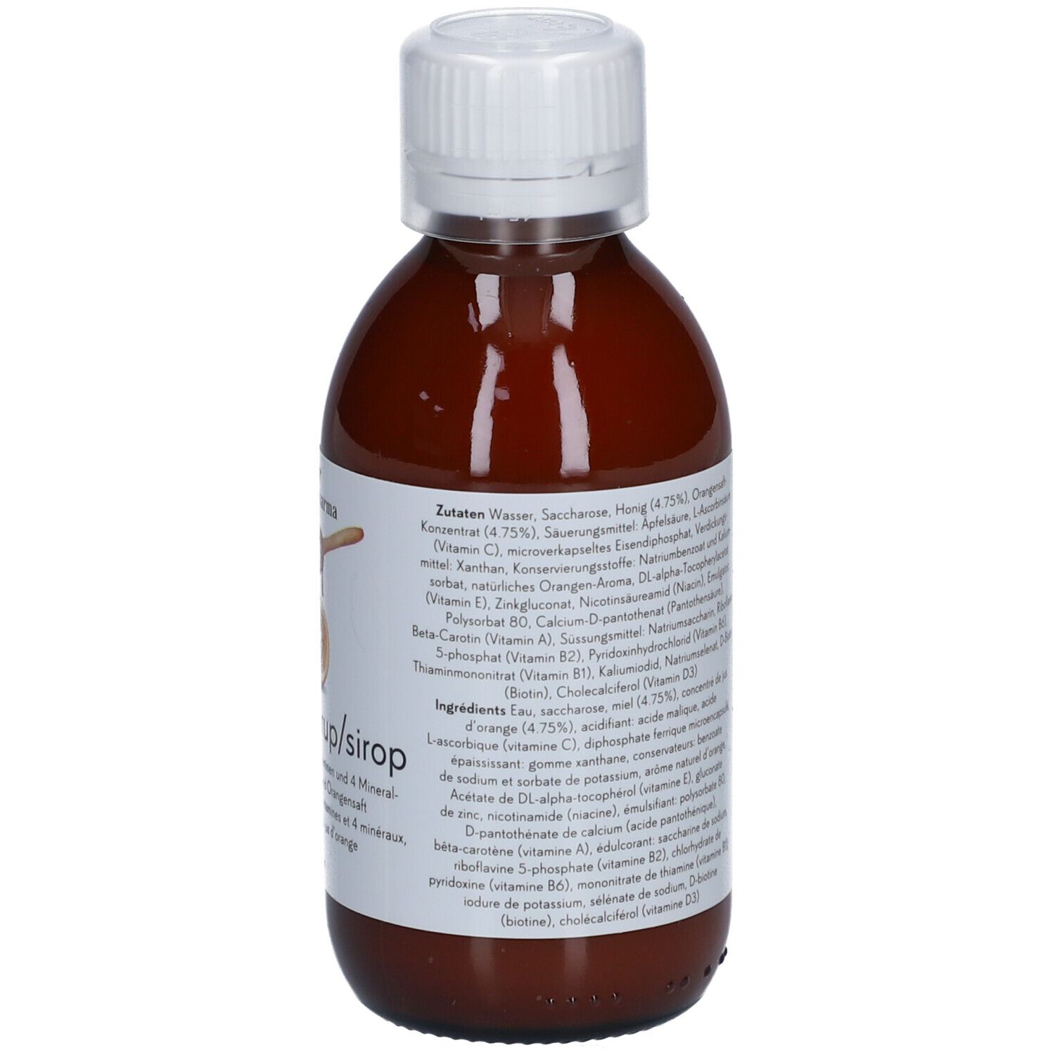 Étiquette avec ingrédients et informations nutritionnelles. Texte en plusieurs langues. Liquide brun dans la bouteille.