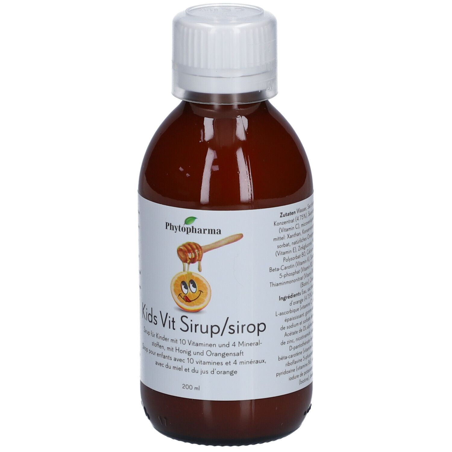 Bouteille marron avec bouchon blanc. Étiquette avec nom du produit et illustration. Contient vitamines et minéraux.