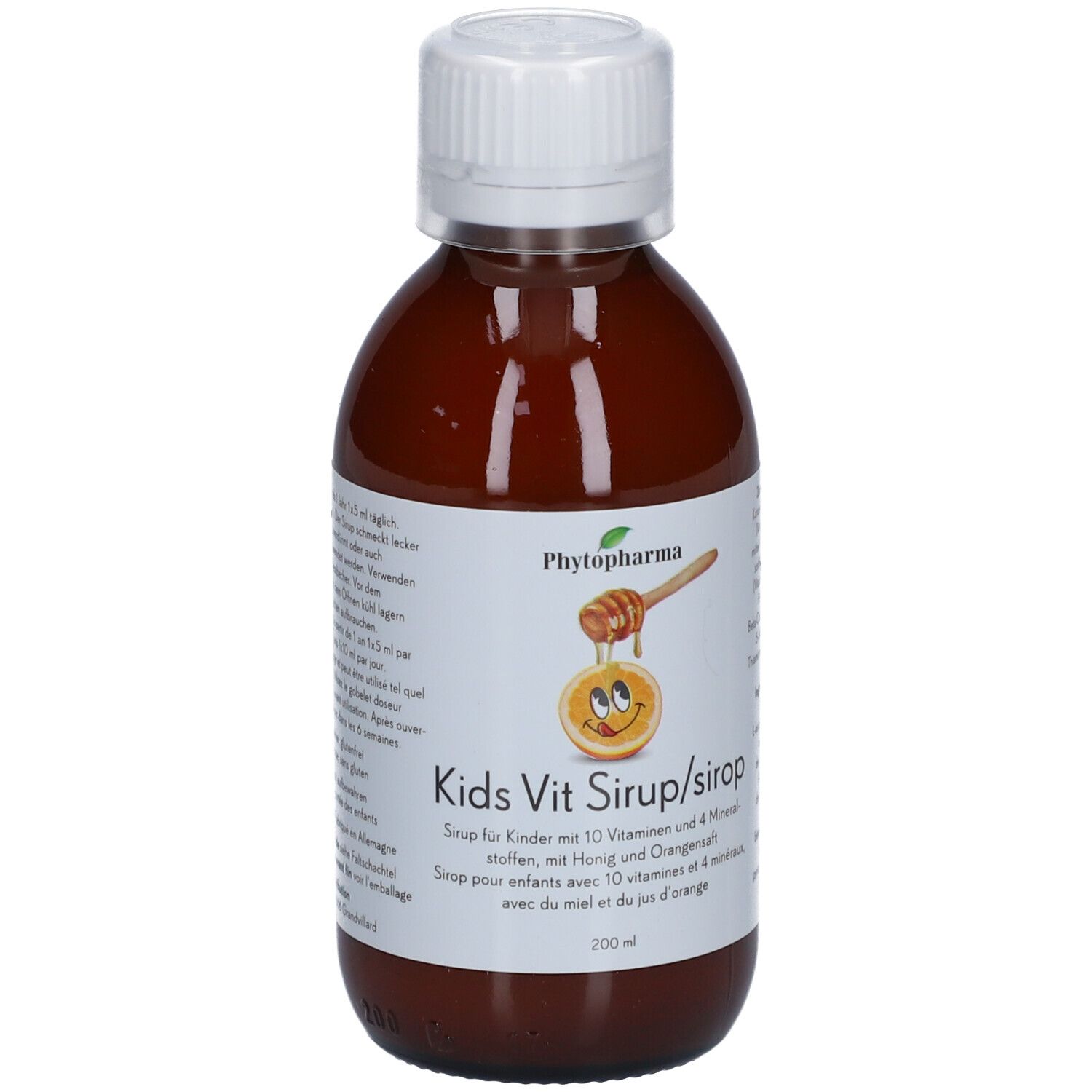 Bouteille marron avec bouchon blanc. Étiquette avec nom du produit et illustration. Contient vitamines et minéraux.