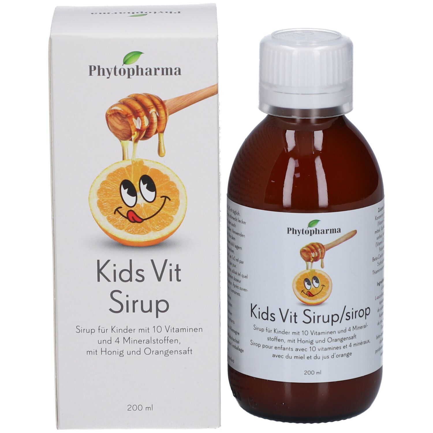 Bouteille et emballage du produit. Emballage blanc avec nom du produit et illustration. Bouteille marron à côté.