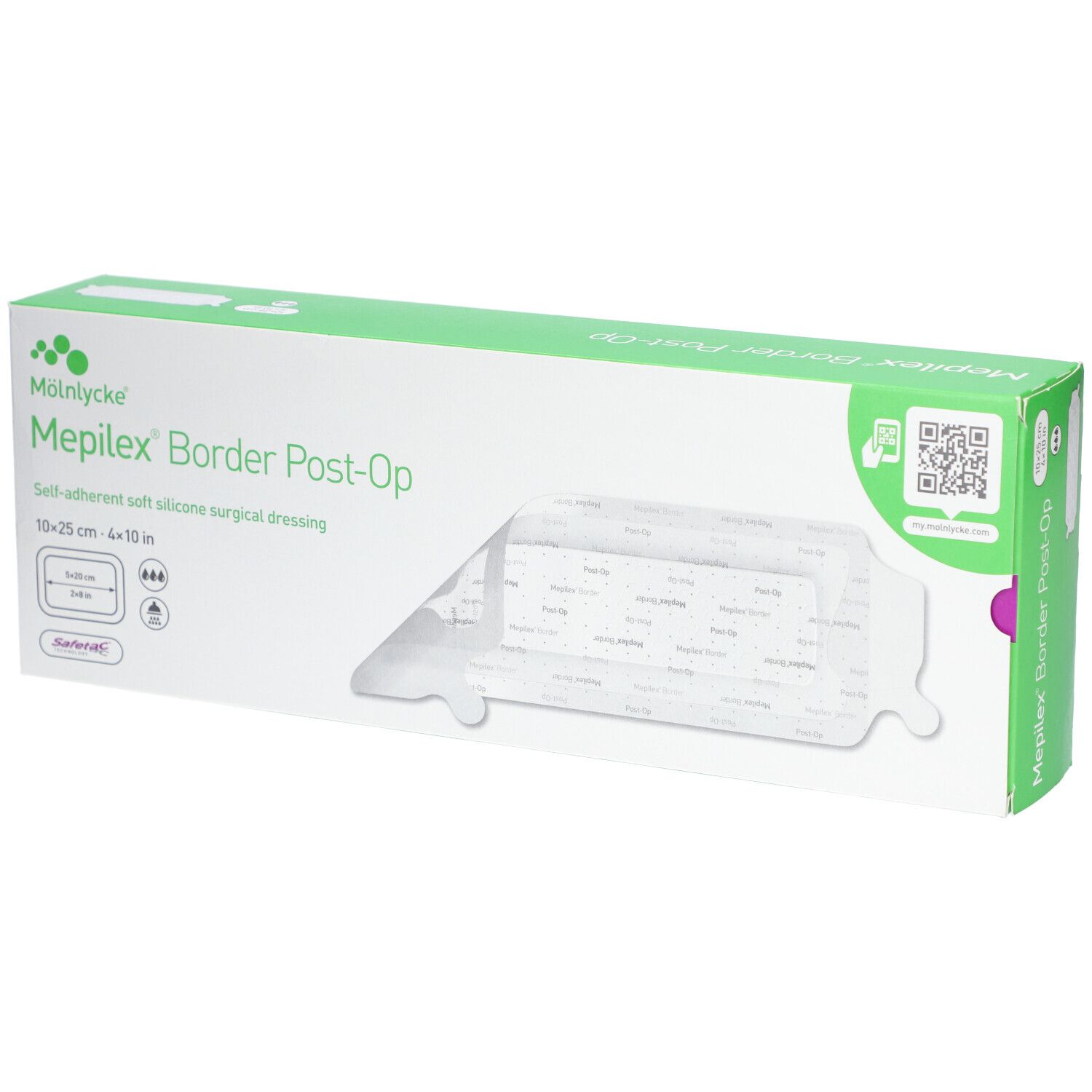 Boîte Mepilex® Border Post-Op. Fenêtre révélant le pansement. Boîte verte et blanche avec informations et code QR.