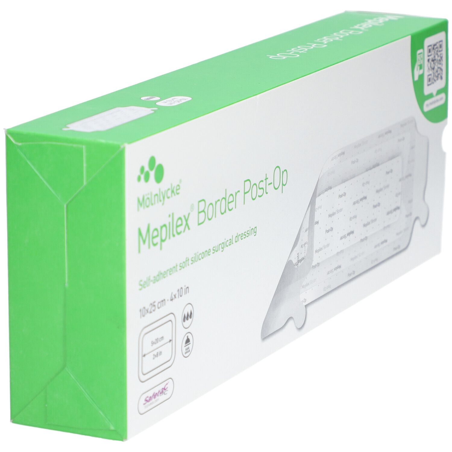 Boîte Mepilex® Border Post-Op, vert et blanc. Fenêtre montre le pansement. Nom et informations sur l'emballage.
